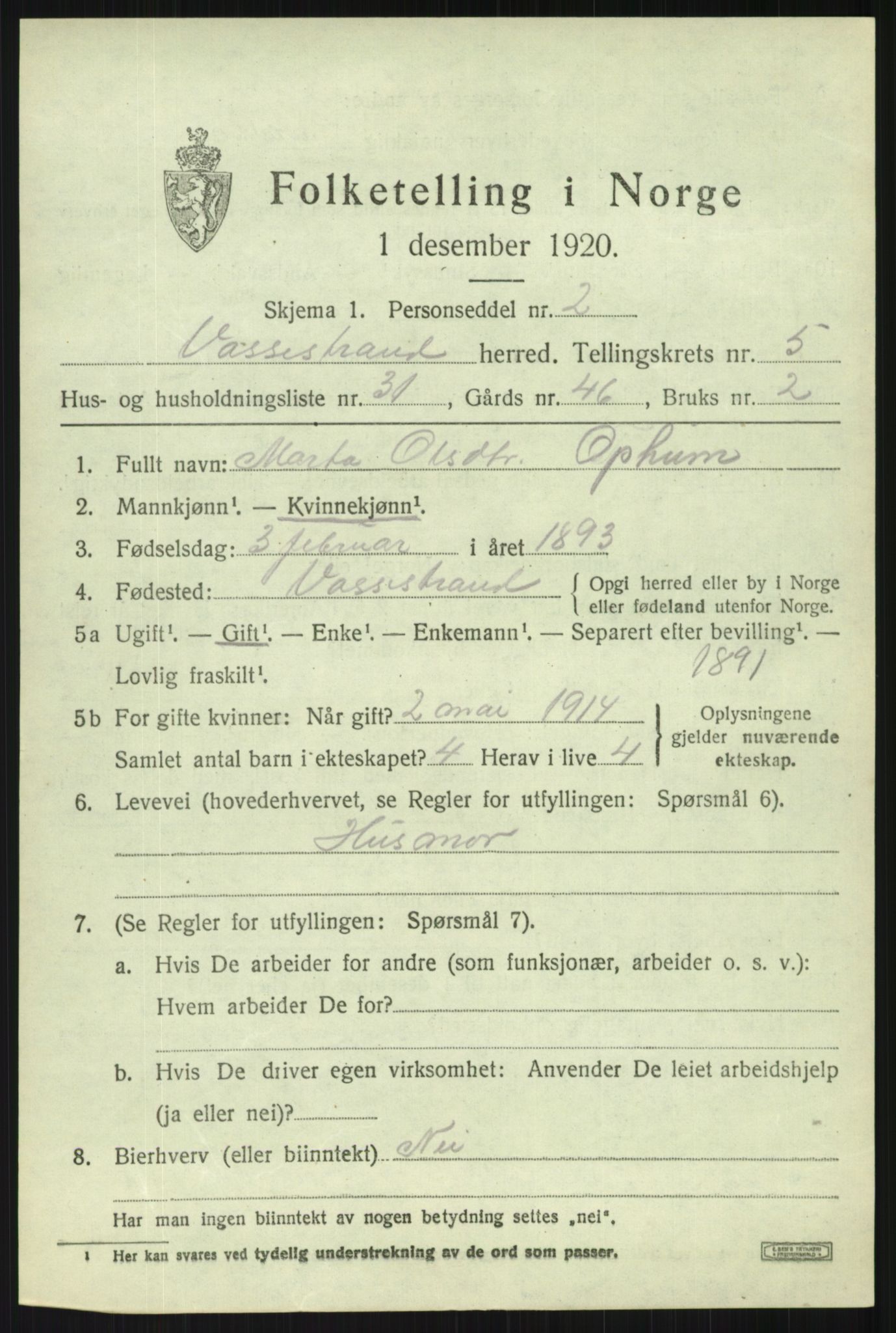 SAB, Folketelling 1920 for 1236 Vossestrand herred, 1920, s. 2752