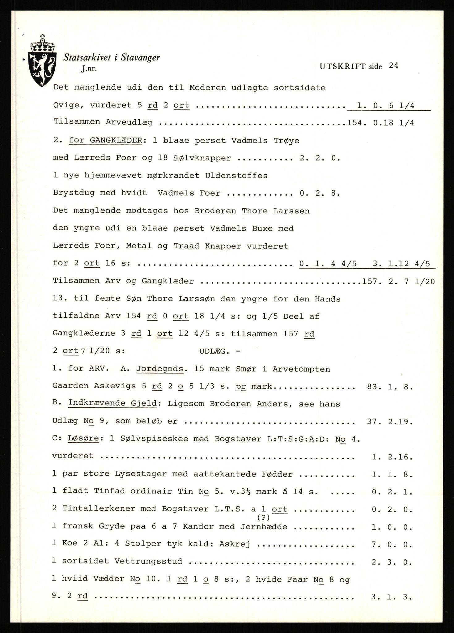 Statsarkivet i Stavanger, AV/SAST-A-101971/03/Y/Yj/L0003: Avskrifter sortert etter gårdsnavn: Askje - Auglend, 1750-1930, s. 70