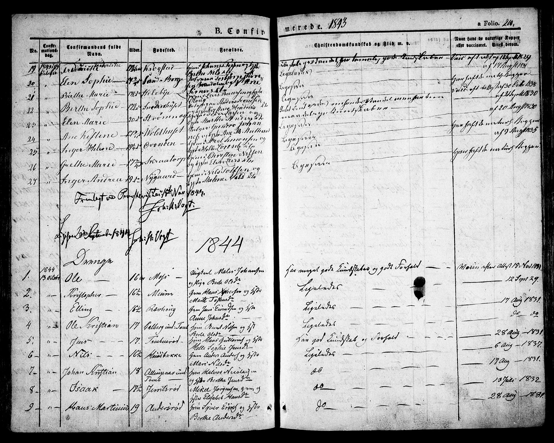 Råde prestekontor kirkebøker, AV/SAO-A-2009/F/Fa/L0005: Ministerialbok nr. 5, 1830-1853, s. 210