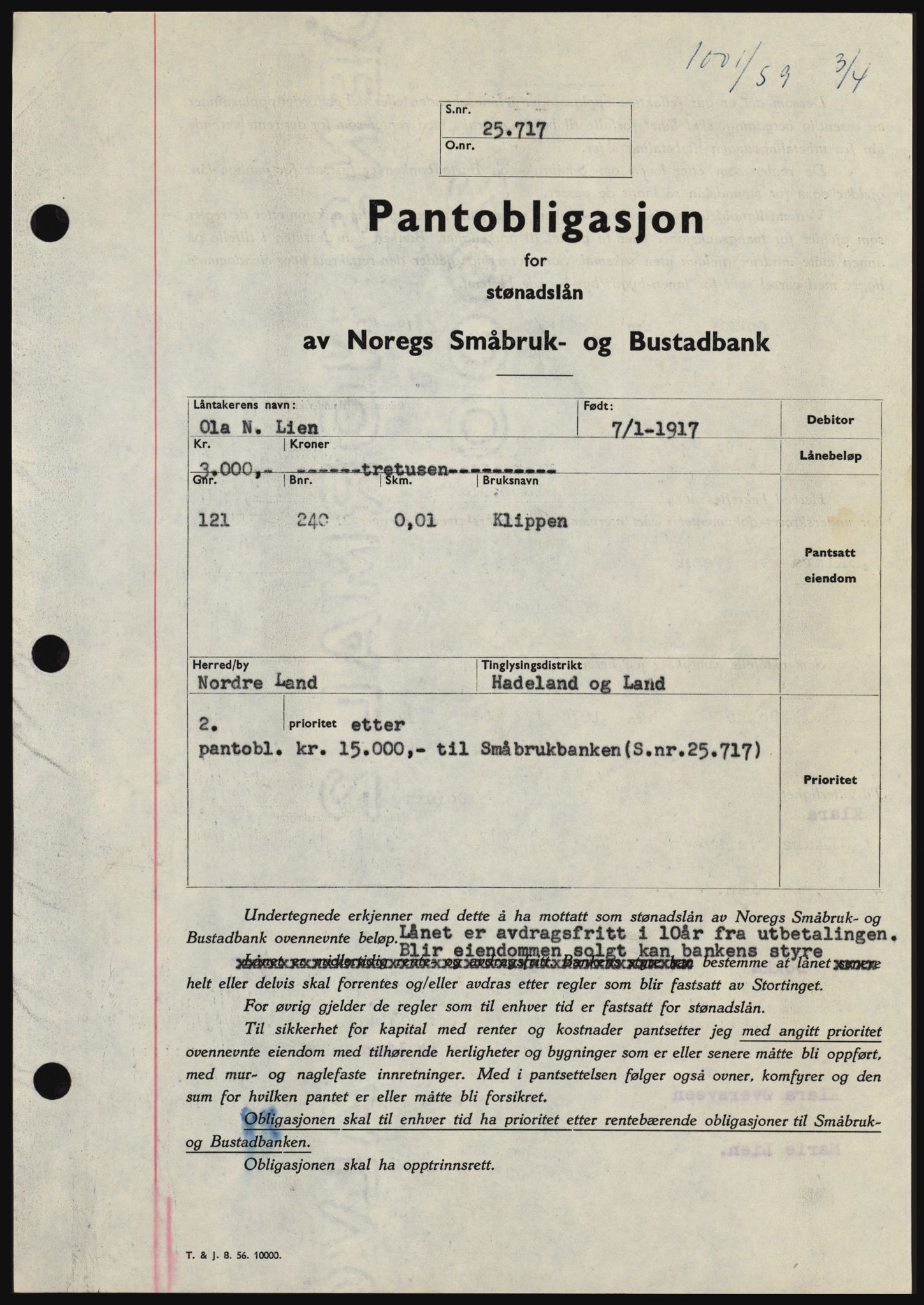 Hadeland og Land tingrett, SAH/TING-010/H/Hb/Hbc/L0040: Pantebok nr. B40, 1959-1959, Dagboknr: 1001/1959