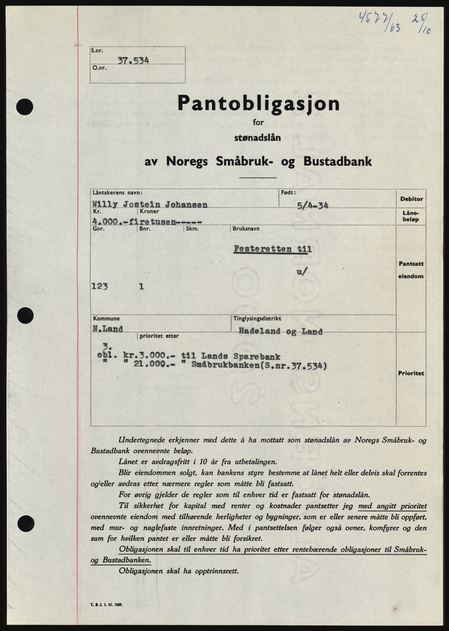 Hadeland og Land tingrett, SAH/TING-010/H/Hb/Hbc/L0053: Pantebok nr. B53, 1963-1964, Dagboknr: 4577/1963
