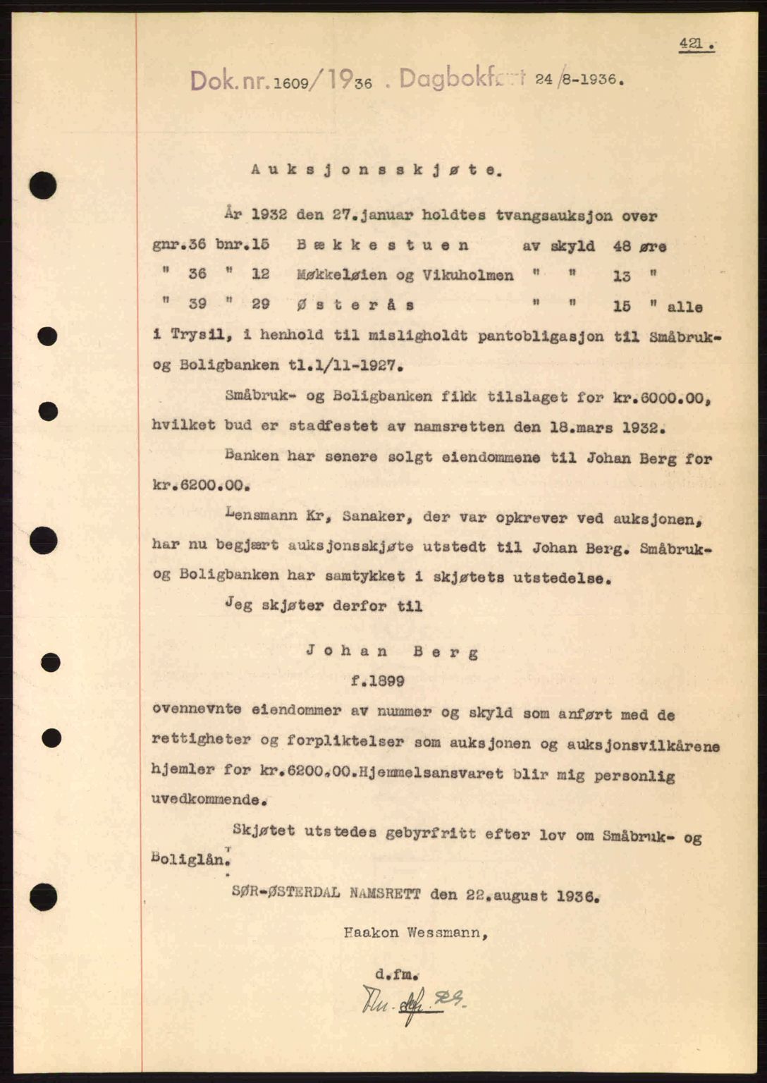 Sør-Østerdal sorenskriveri, SAH/TING-018/H/Hb/Hbb/L0054: Pantebok nr. A54, 1936-1936, Dagboknr: 1609/1936