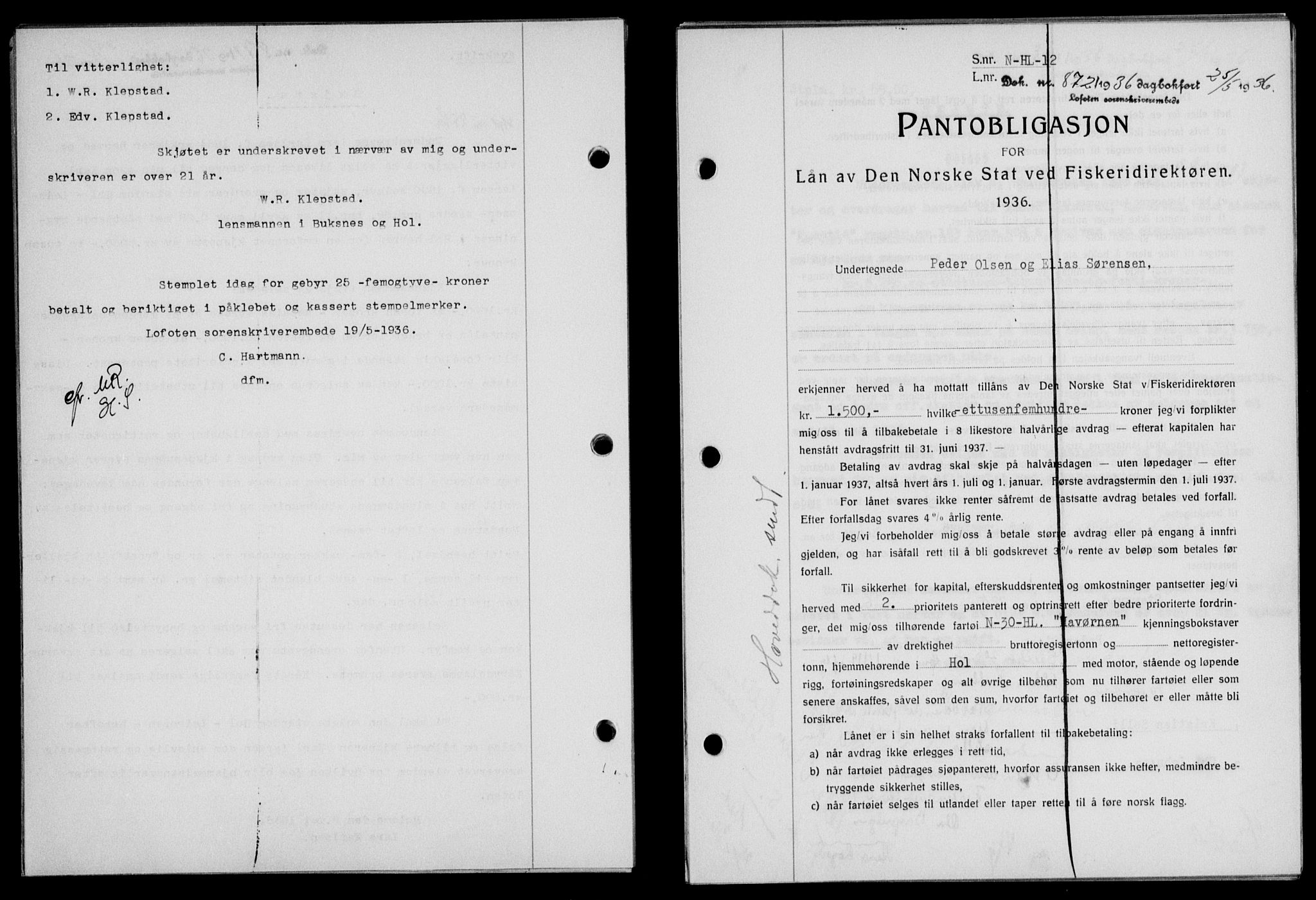 Lofoten sorenskriveri, SAT/A-0017/1/2/2C/L0033b: Pantebok nr. 33b, 1936-1936, Dagboknr: 872/1936