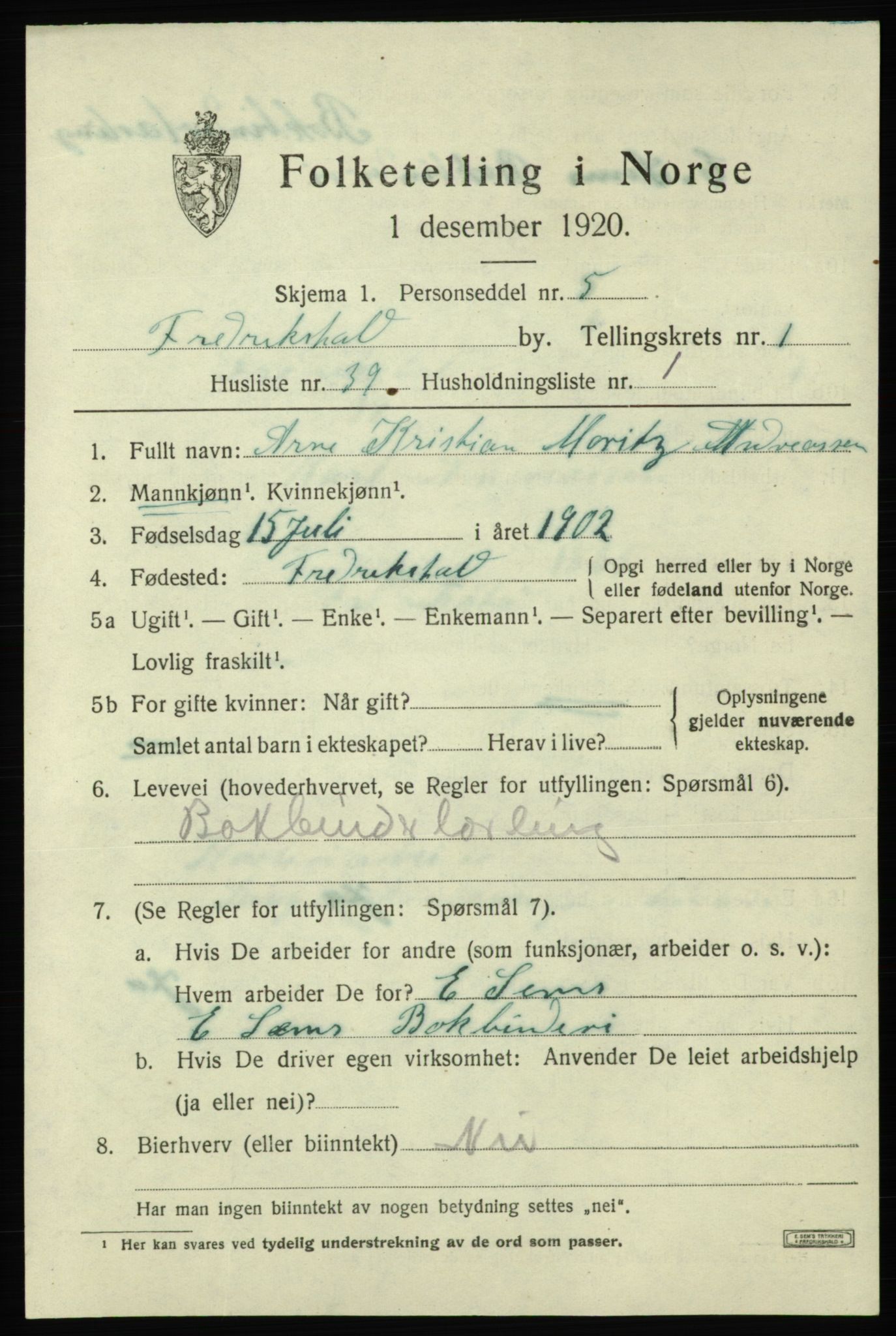 SAO, Folketelling 1920 for 0101 Fredrikshald kjøpstad, 1920, s. 8853