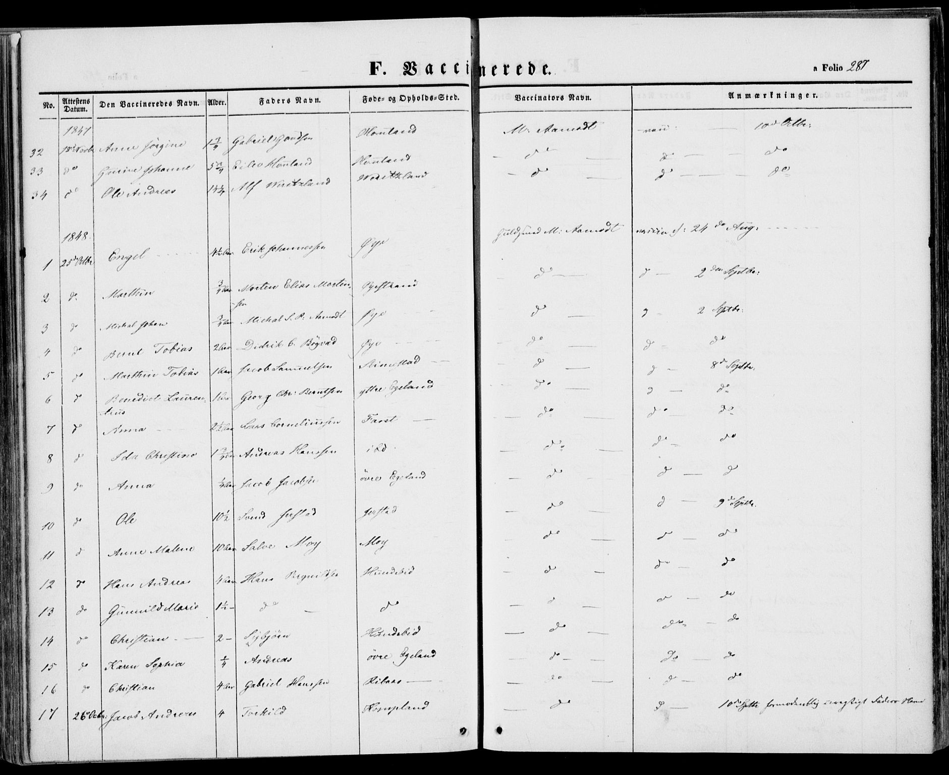 Kvinesdal sokneprestkontor, SAK/1111-0026/F/Fa/Fab/L0005: Ministerialbok nr. A 5, 1844-1857, s. 287