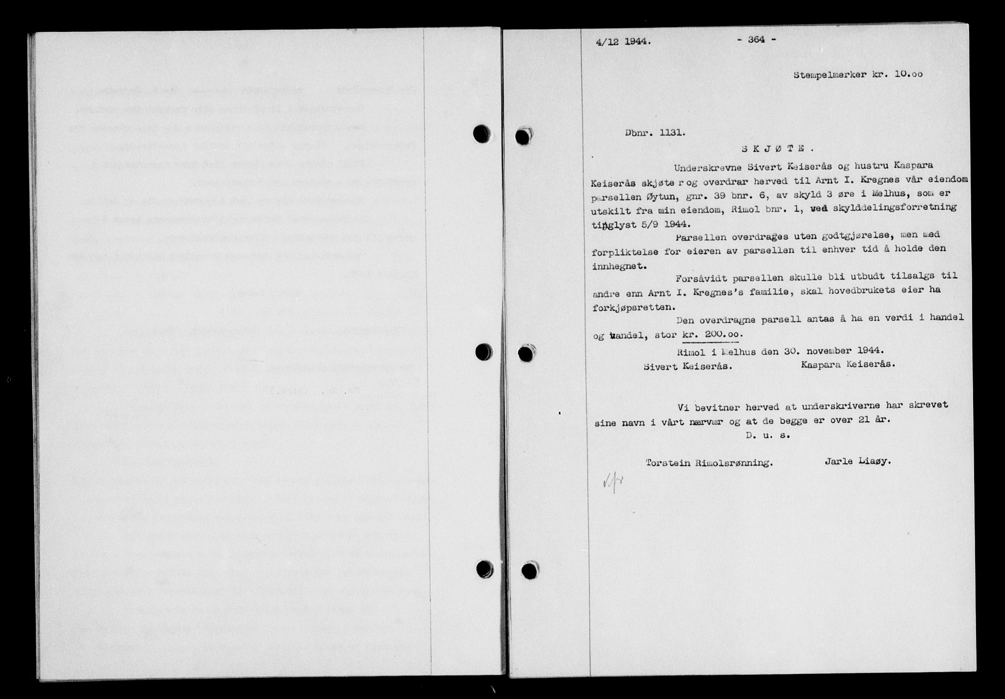 Gauldal sorenskriveri, SAT/A-0014/1/2/2C/L0058: Pantebok nr. 63, 1944-1945, Dagboknr: 1131/1944