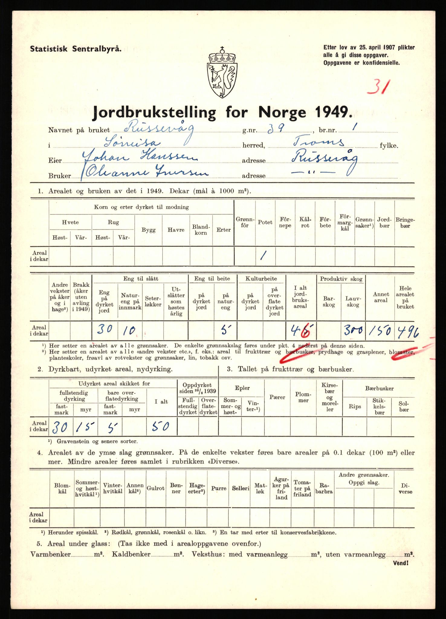 Statistisk sentralbyrå, Næringsøkonomiske emner, Jordbruk, skogbruk, jakt, fiske og fangst, AV/RA-S-2234/G/Gc/L0440: Troms: Sørreisa og Dyrøy, 1949, s. 525