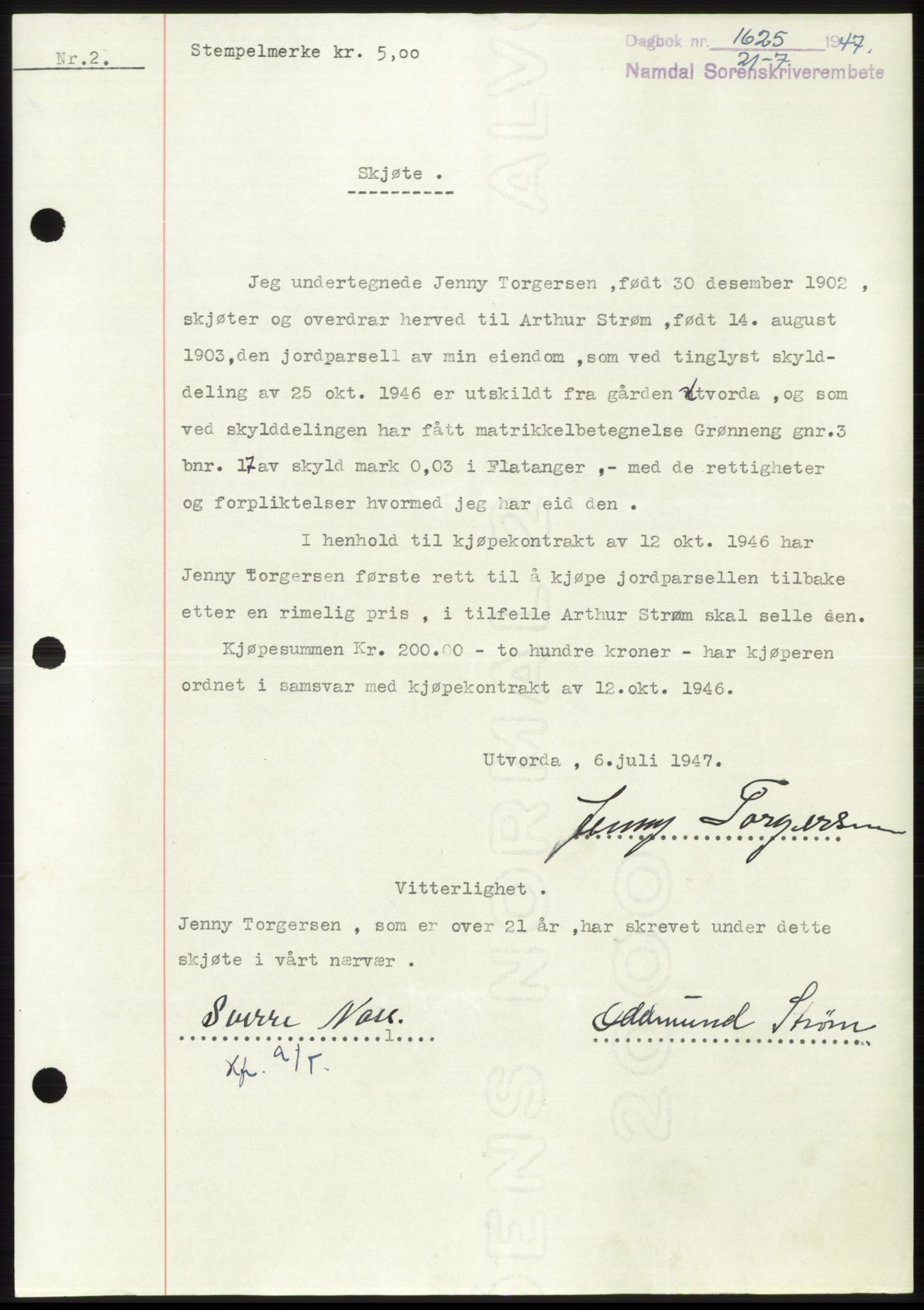Namdal sorenskriveri, SAT/A-4133/1/2/2C: Pantebok nr. -, 1947-1947, Dagboknr: 1625/1947