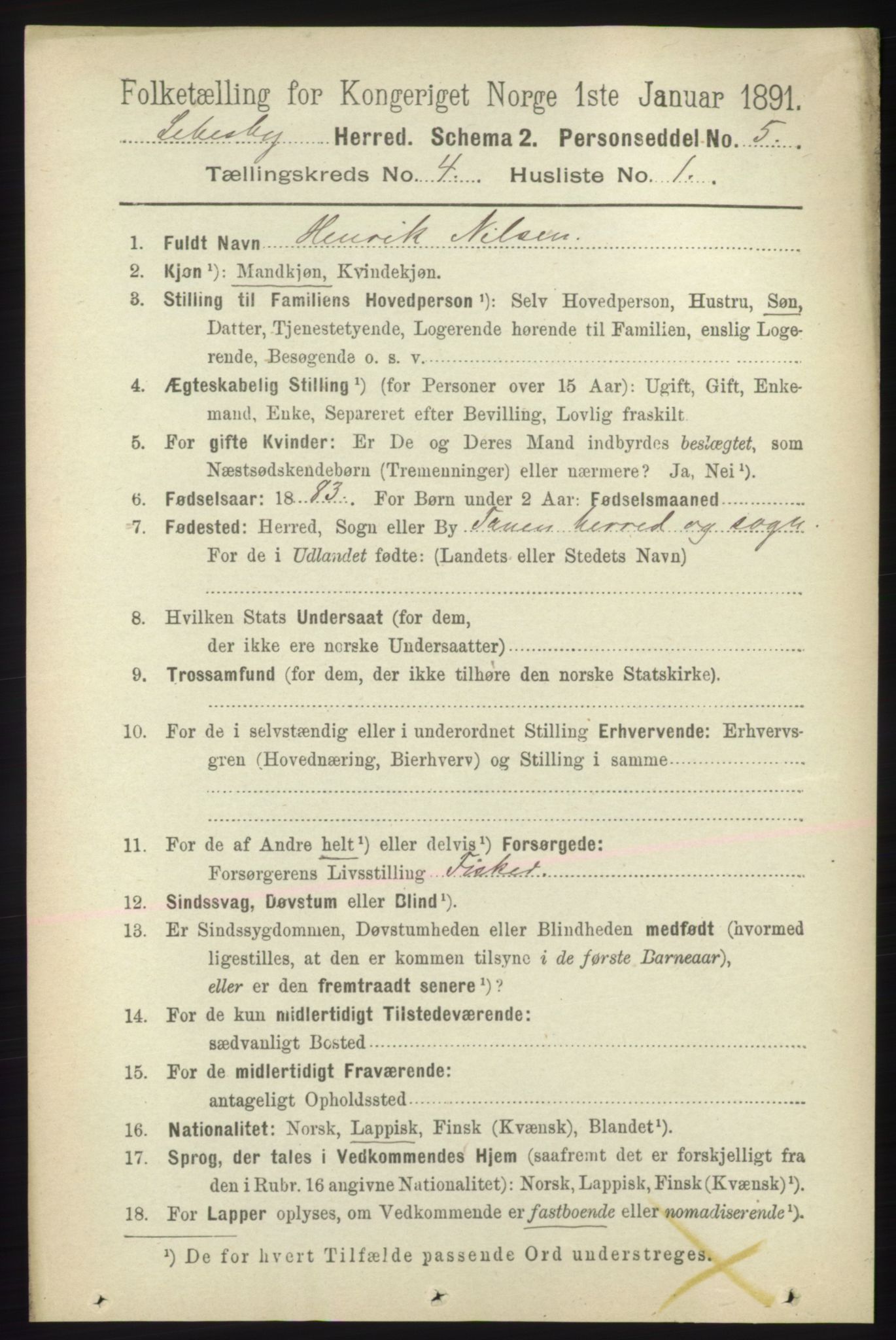 RA, Folketelling 1891 for 2022 Lebesby herred, 1891, s. 1081