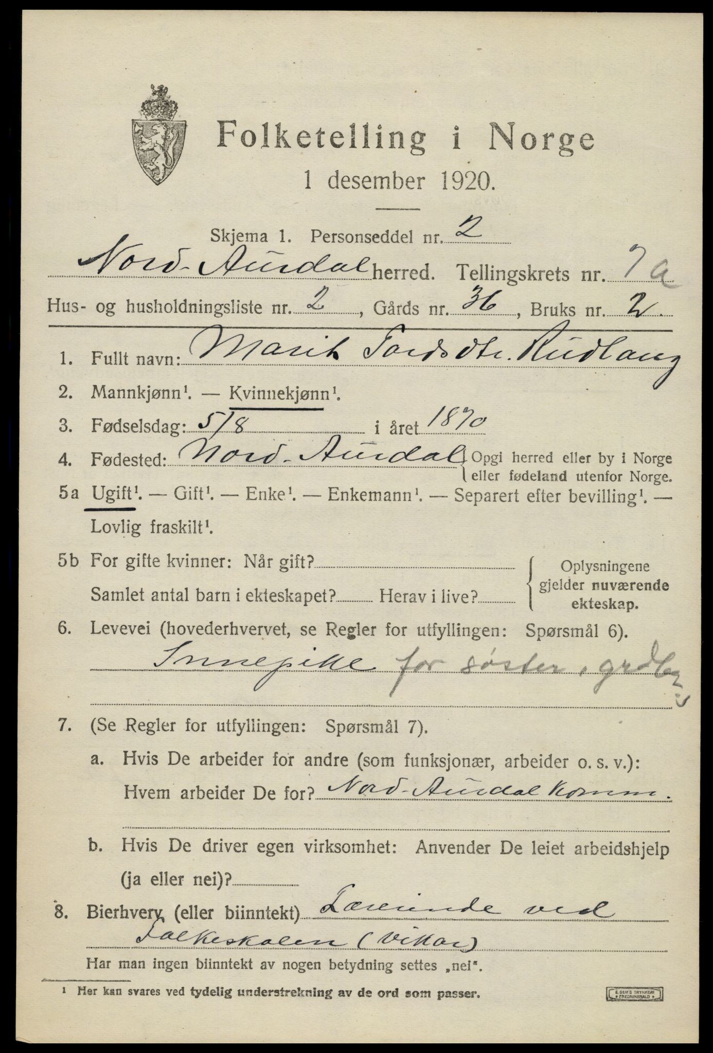 SAH, Folketelling 1920 for 0542 Nord-Aurdal herred, 1920, s. 5960