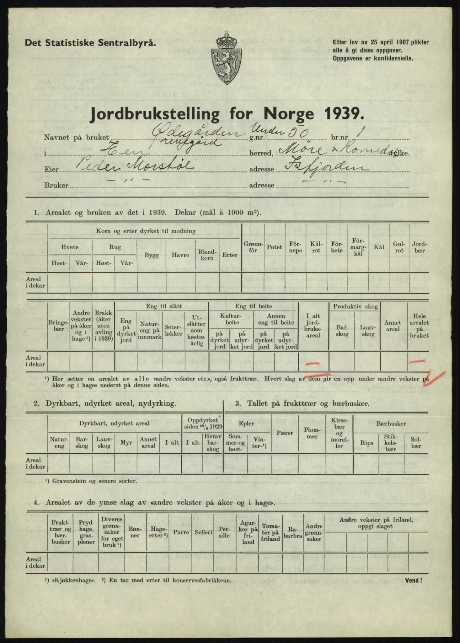 Statistisk sentralbyrå, Næringsøkonomiske emner, Jordbruk, skogbruk, jakt, fiske og fangst, AV/RA-S-2234/G/Gb/L0251: Møre og Romsdal: Voll, Eid, Grytten og Hen, 1939, s. 915