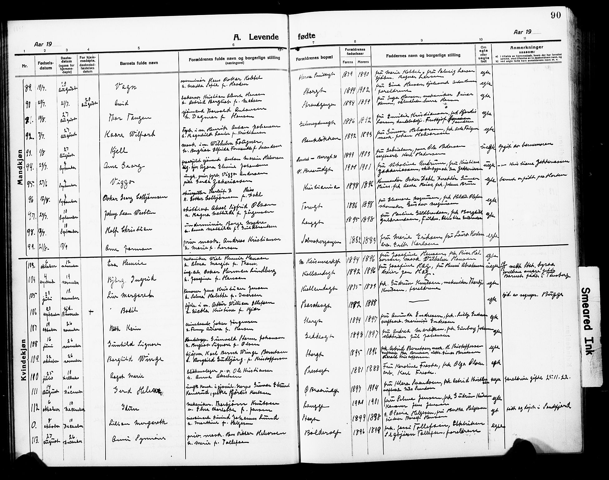 Horten kirkebøker, AV/SAKO-A-348/G/Ga/L0008: Klokkerbok nr. 8, 1916-1926, s. 90