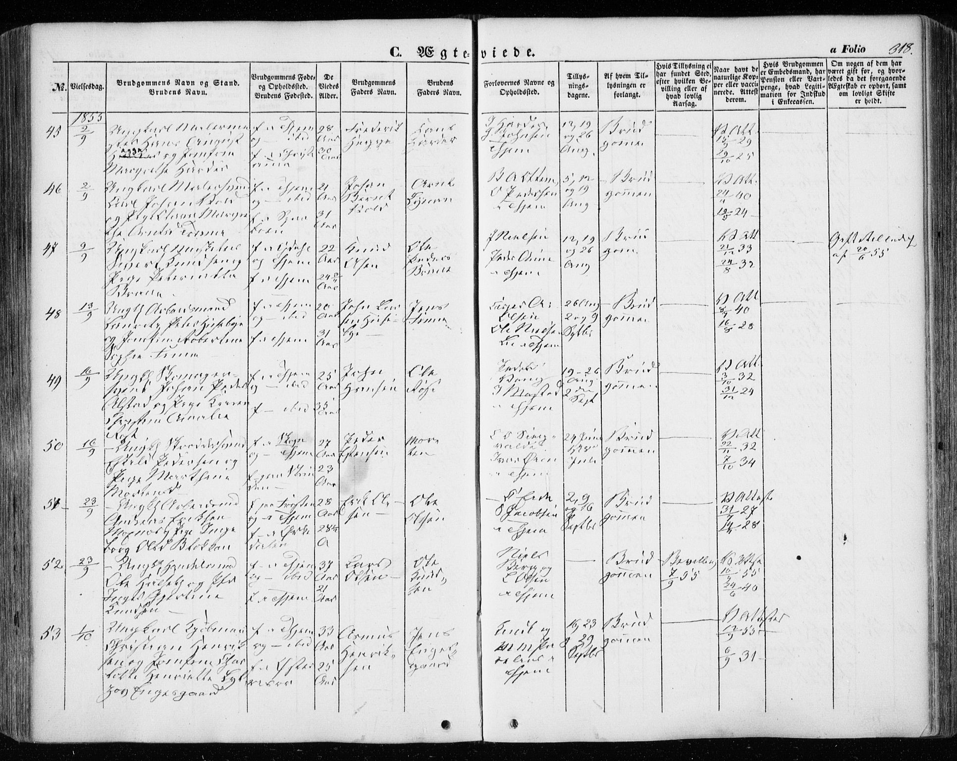 Ministerialprotokoller, klokkerbøker og fødselsregistre - Sør-Trøndelag, SAT/A-1456/601/L0051: Ministerialbok nr. 601A19, 1848-1857, s. 318