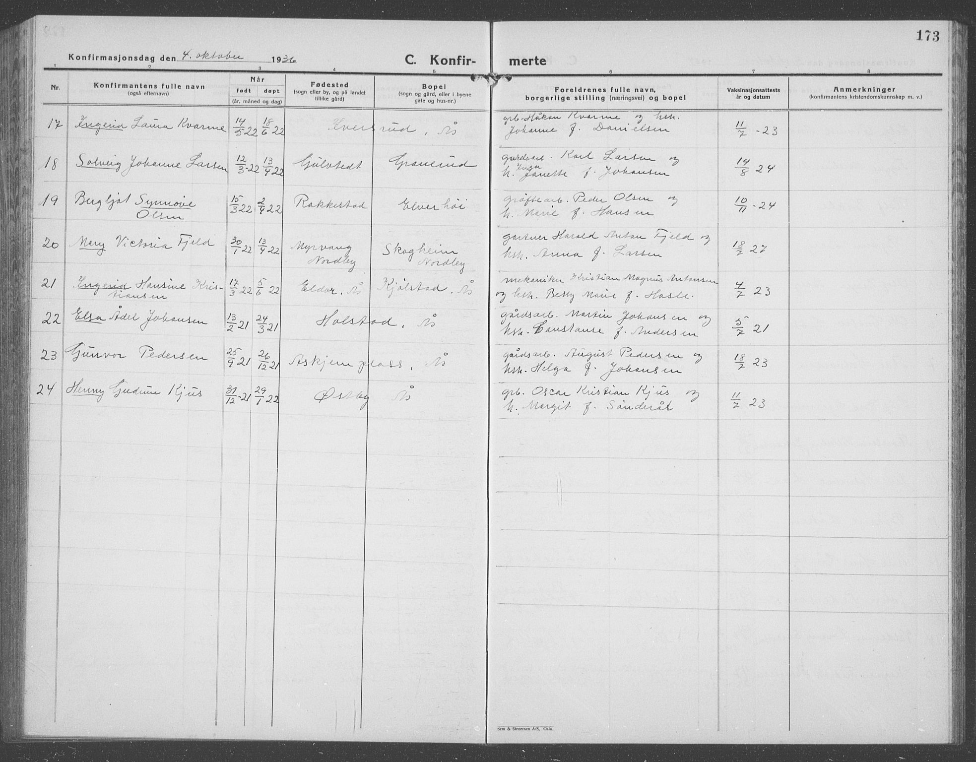 Ås prestekontor Kirkebøker, AV/SAO-A-10894/G/Ga/L0006: Klokkerbok nr. I 6, 1925-1940, s. 173