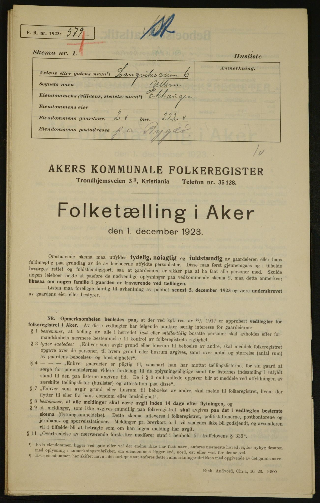 , Kommunal folketelling 1.12.1923 for Aker, 1923, s. 3359