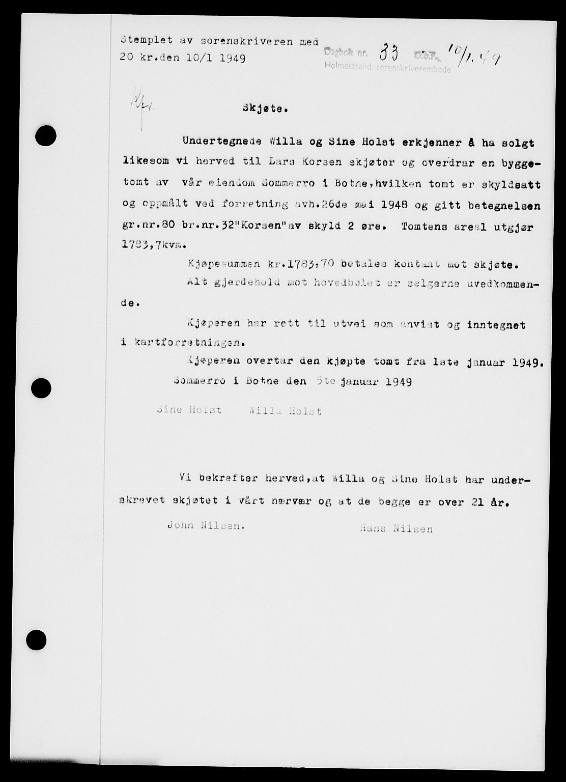 Holmestrand sorenskriveri, SAKO/A-67/G/Ga/Gaa/L0065: Pantebok nr. A-65, 1948-1949, Dagboknr: 33/1949