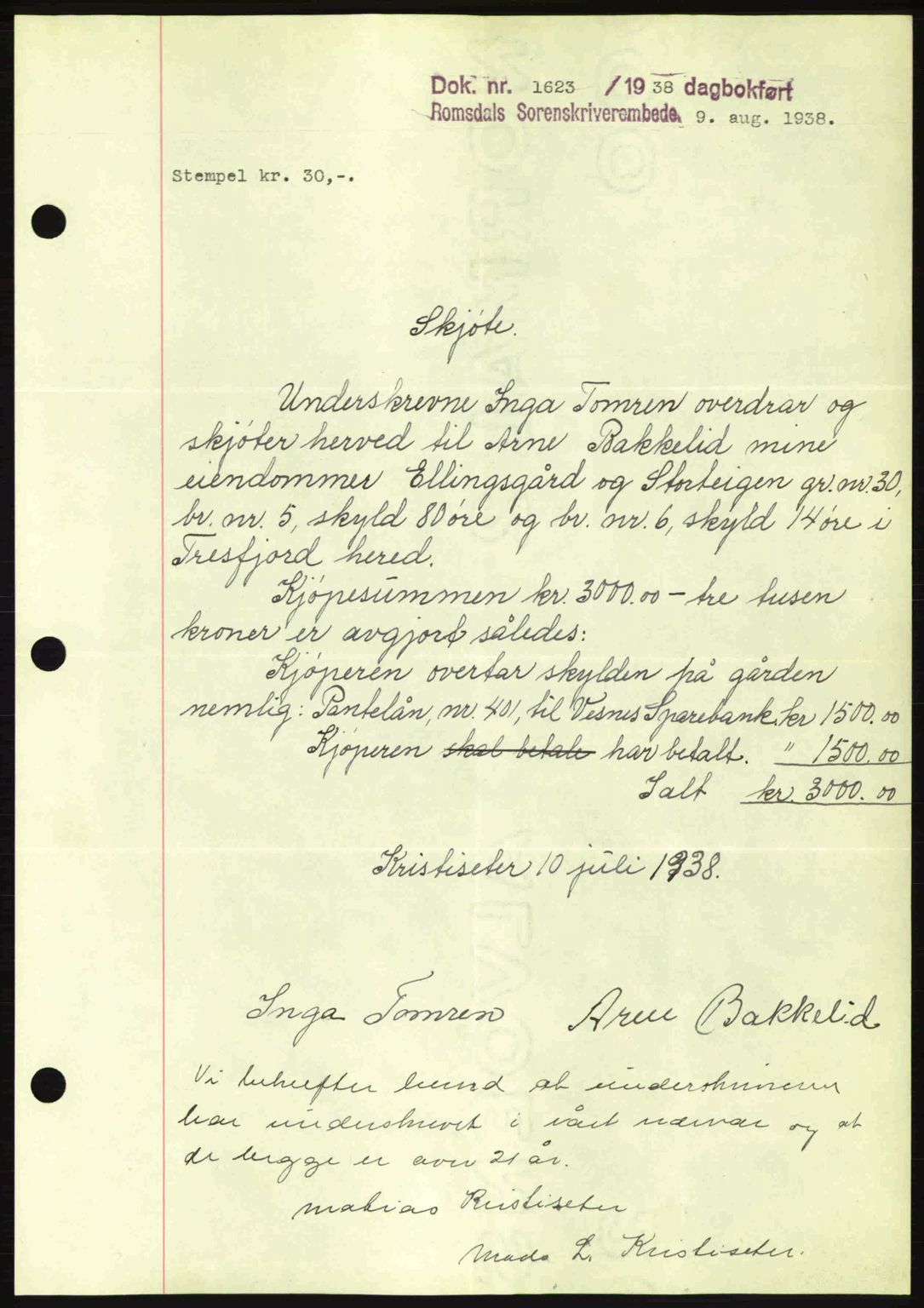 Romsdal sorenskriveri, SAT/A-4149/1/2/2C: Pantebok nr. A5, 1938-1938, Dagboknr: 1623/1938