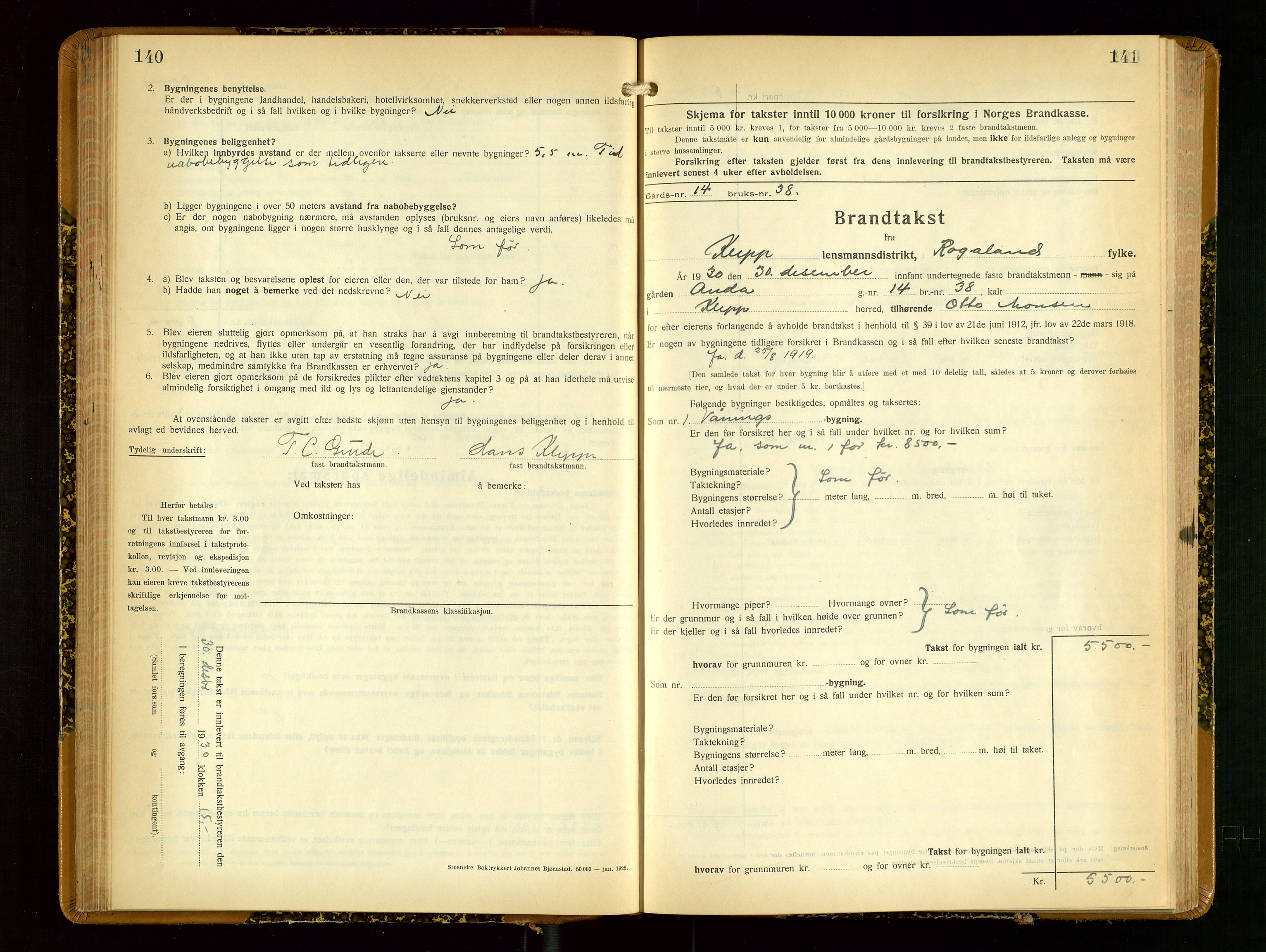 Klepp lensmannskontor, SAST/A-100163/Goc/L0012: "Brandtakstprotokoll" m/register, 1929-1933, s. 140-141