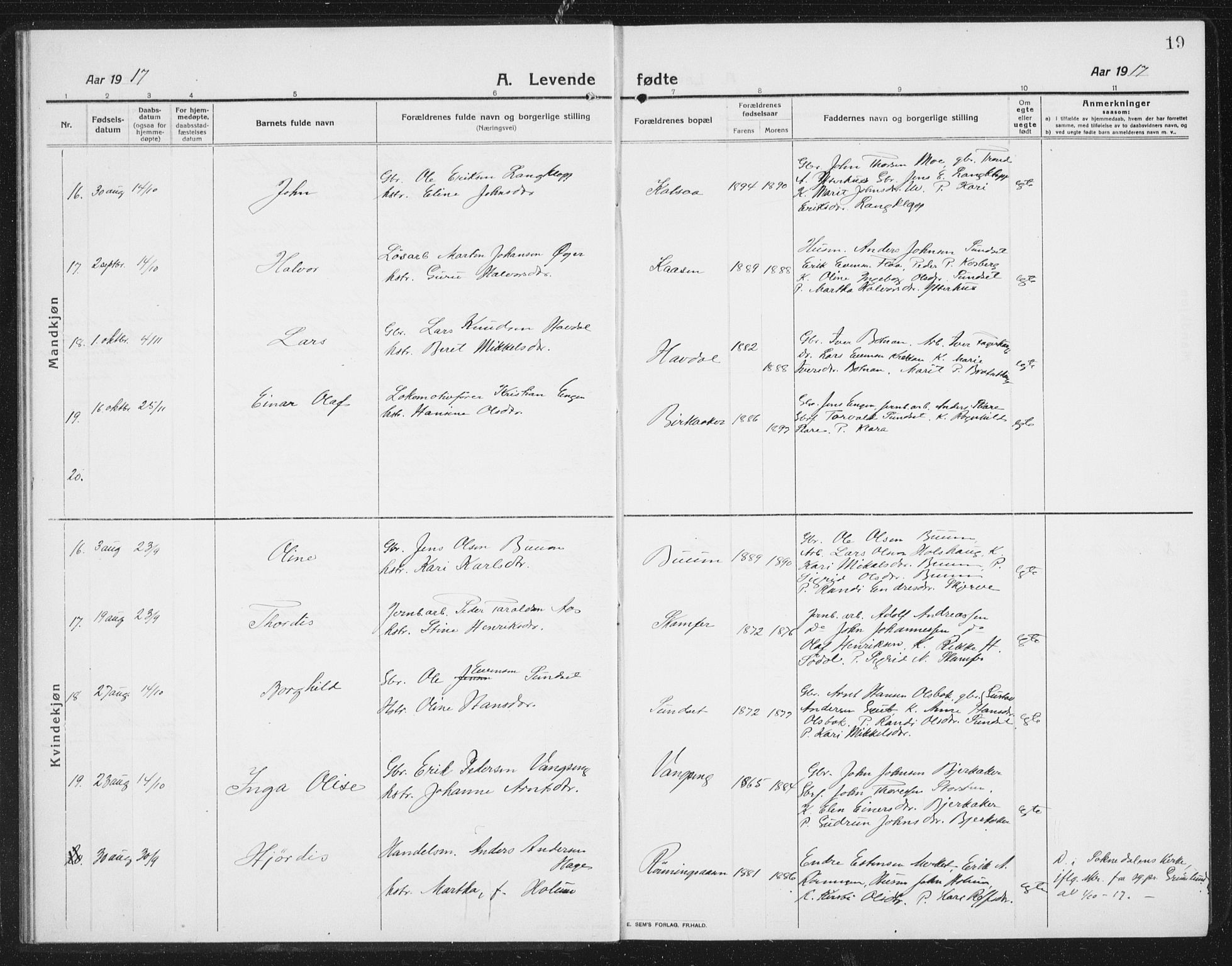 Ministerialprotokoller, klokkerbøker og fødselsregistre - Sør-Trøndelag, AV/SAT-A-1456/675/L0888: Klokkerbok nr. 675C01, 1913-1935, s. 19