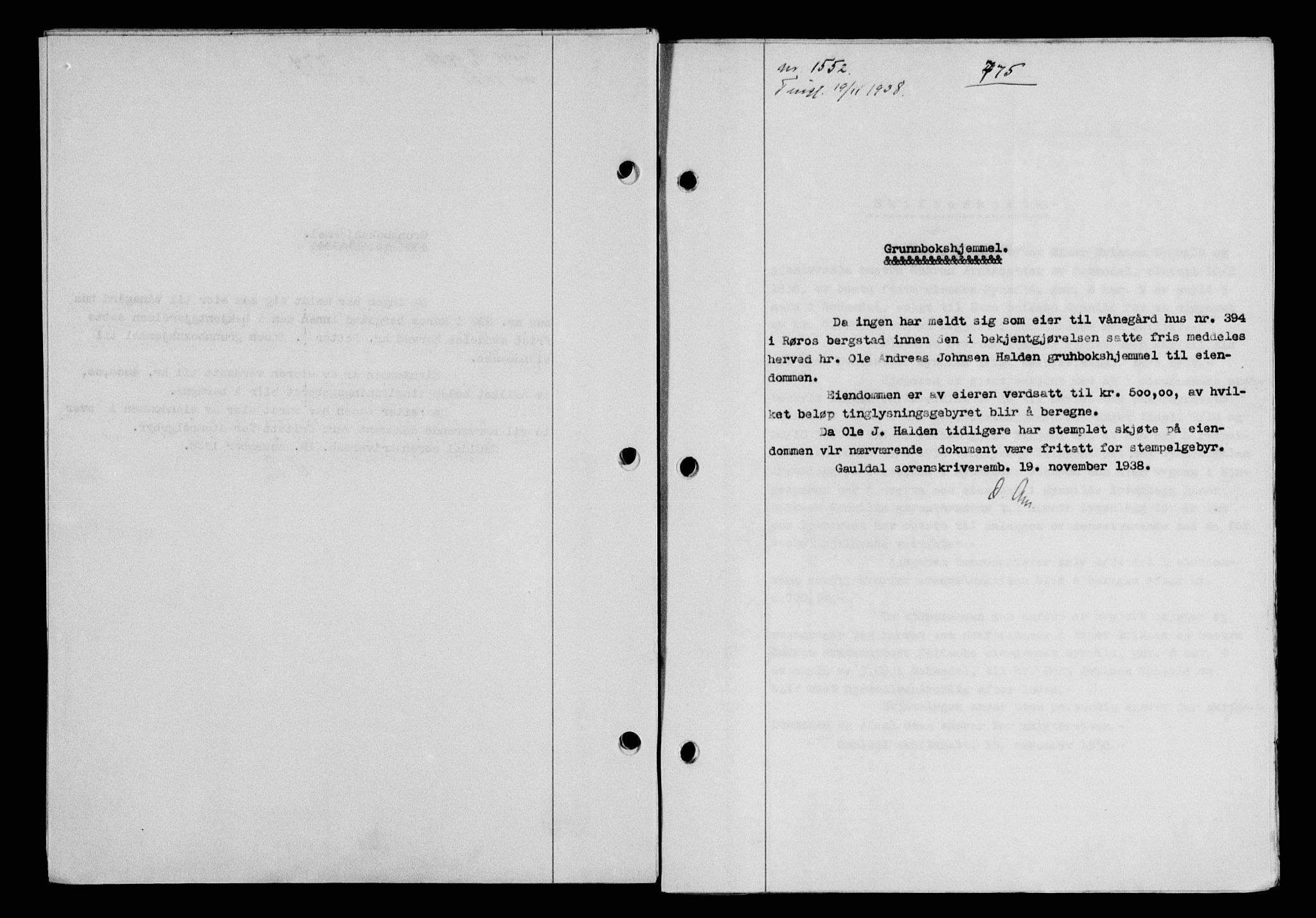 Gauldal sorenskriveri, SAT/A-0014/1/2/2C/L0049: Pantebok nr. 53, 1938-1938, Dagboknr: 1552/1938