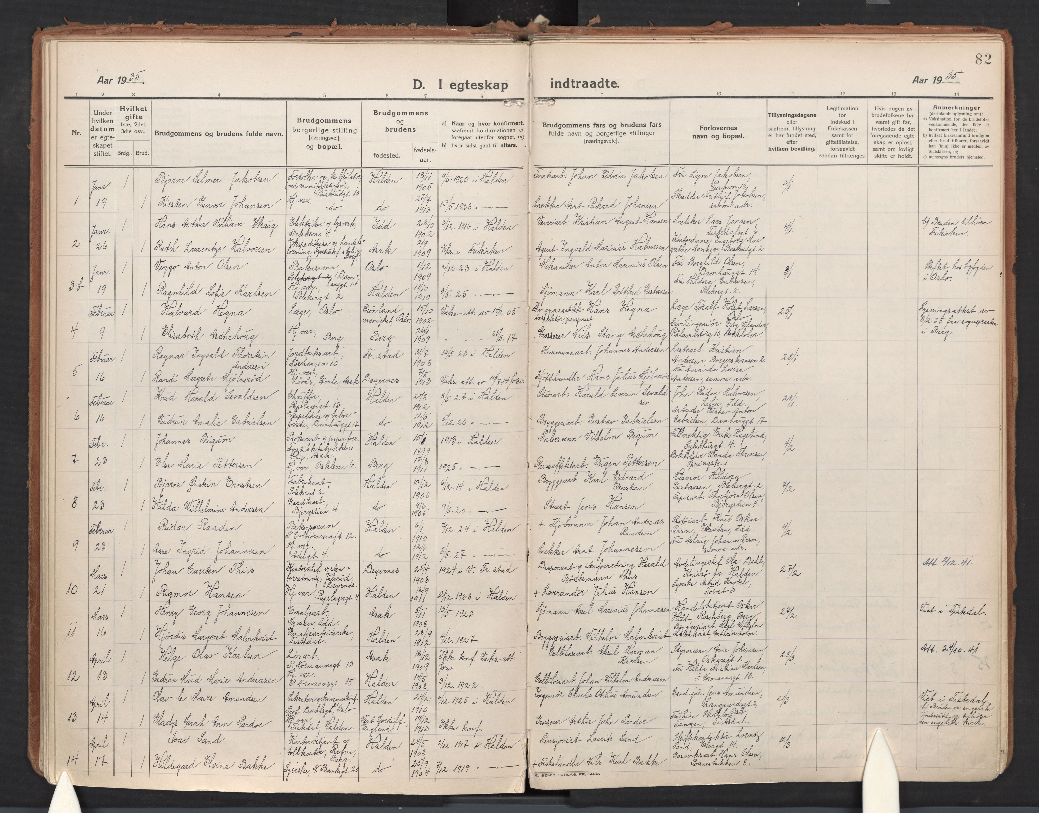 Halden prestekontor Kirkebøker, AV/SAO-A-10909/F/Fa/L0017: Ministerialbok nr. I 17, 1921-1945, s. 82