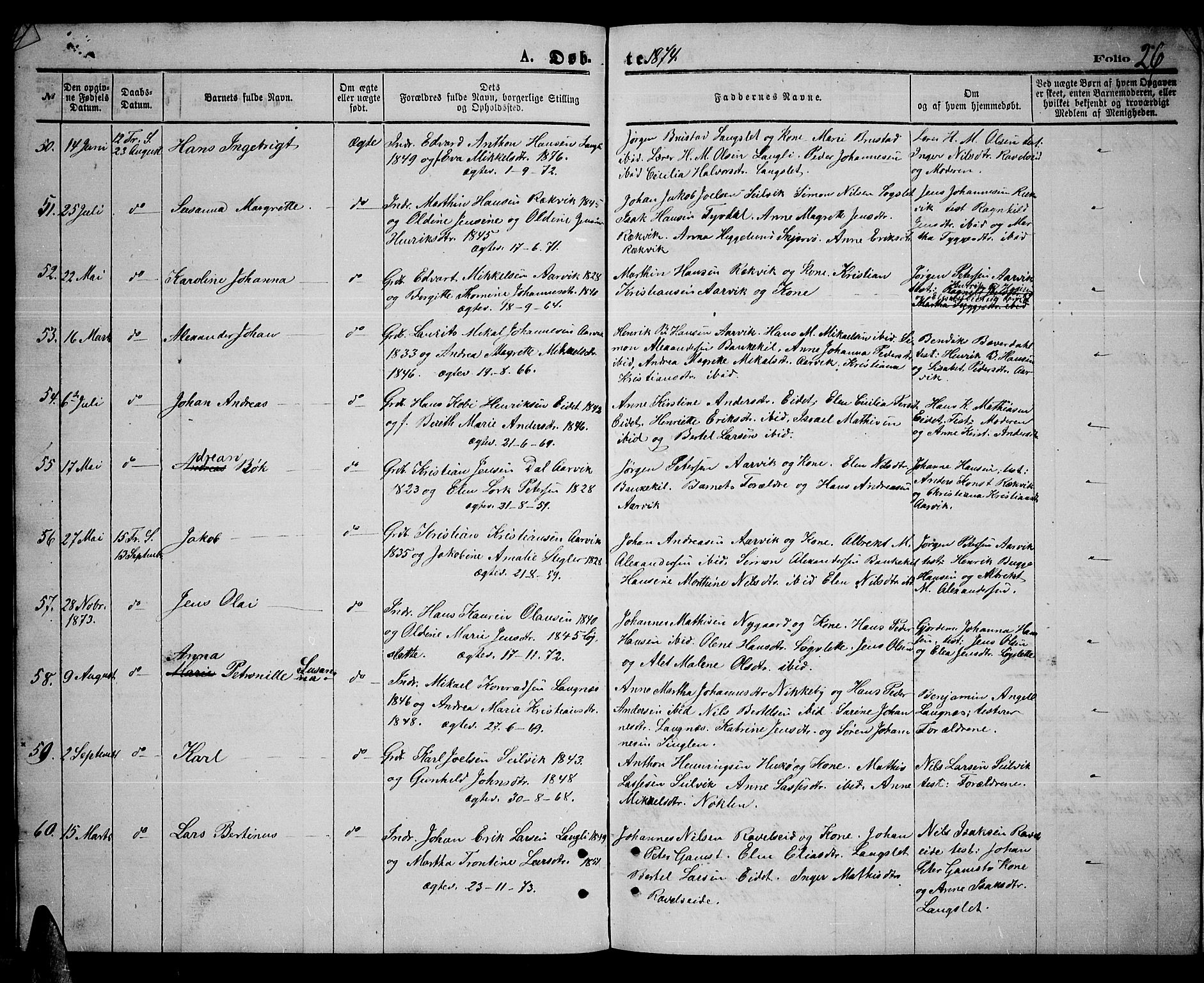 Skjervøy sokneprestkontor, AV/SATØ-S-1300/H/Ha/Hab/L0005klokker: Klokkerbok nr. 5, 1871-1877, s. 26