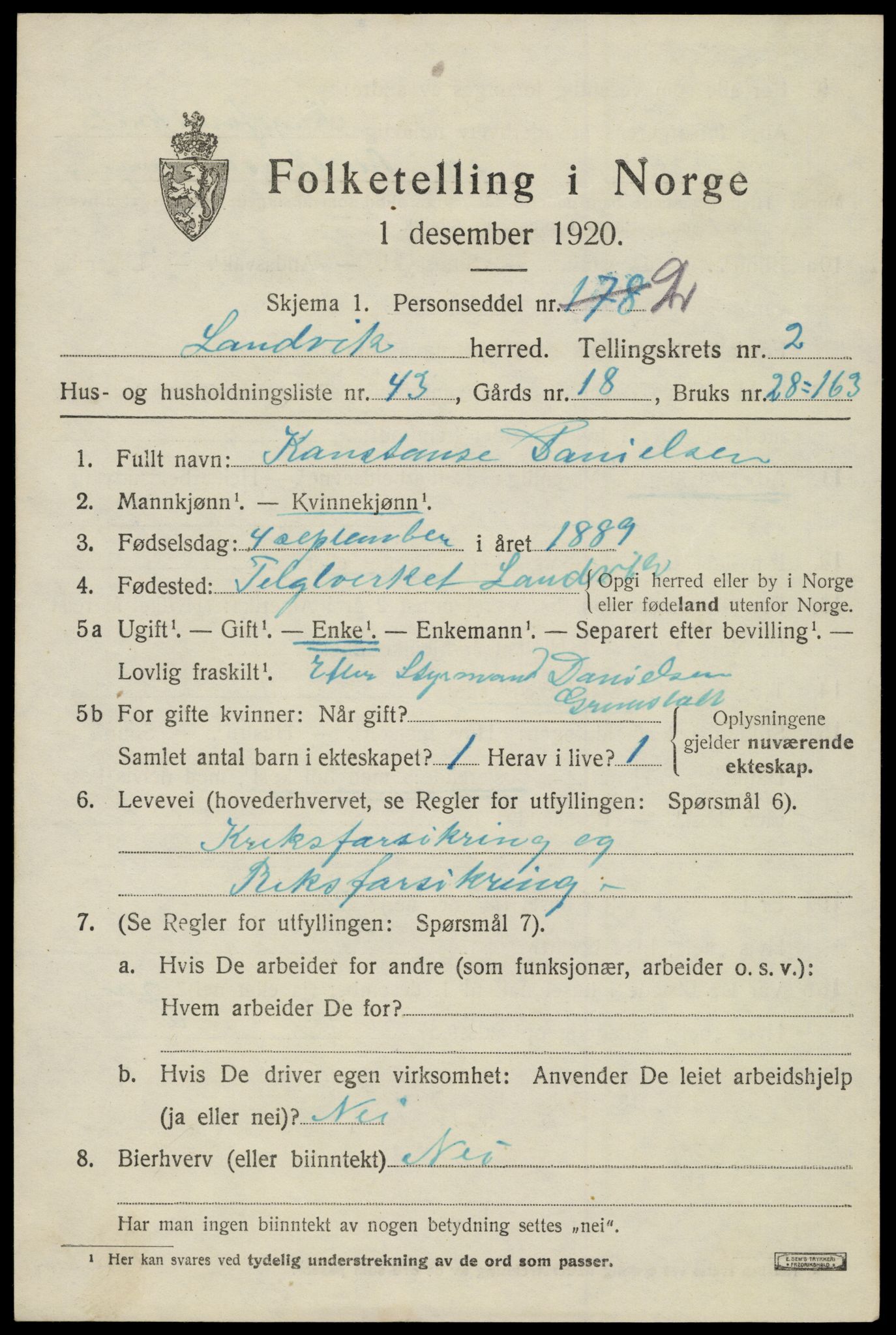 SAK, Folketelling 1920 for 0924 Landvik herred, 1920, s. 2122