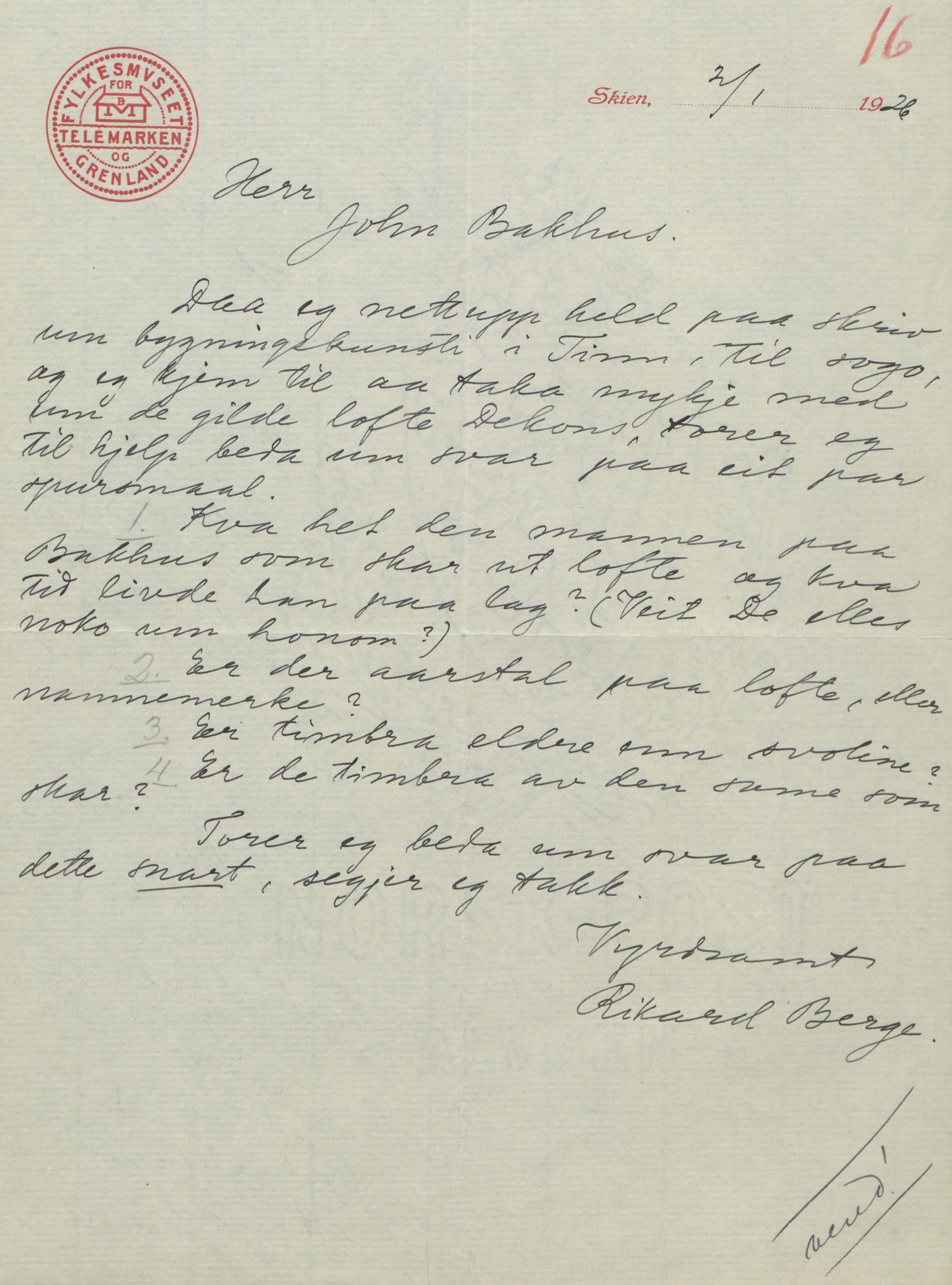 Rikard Berge, TEMU/TGM-A-1003/F/L0017/0012: 551-599 / 562 For det meste brev til Berge, 1910-1950, s. 16