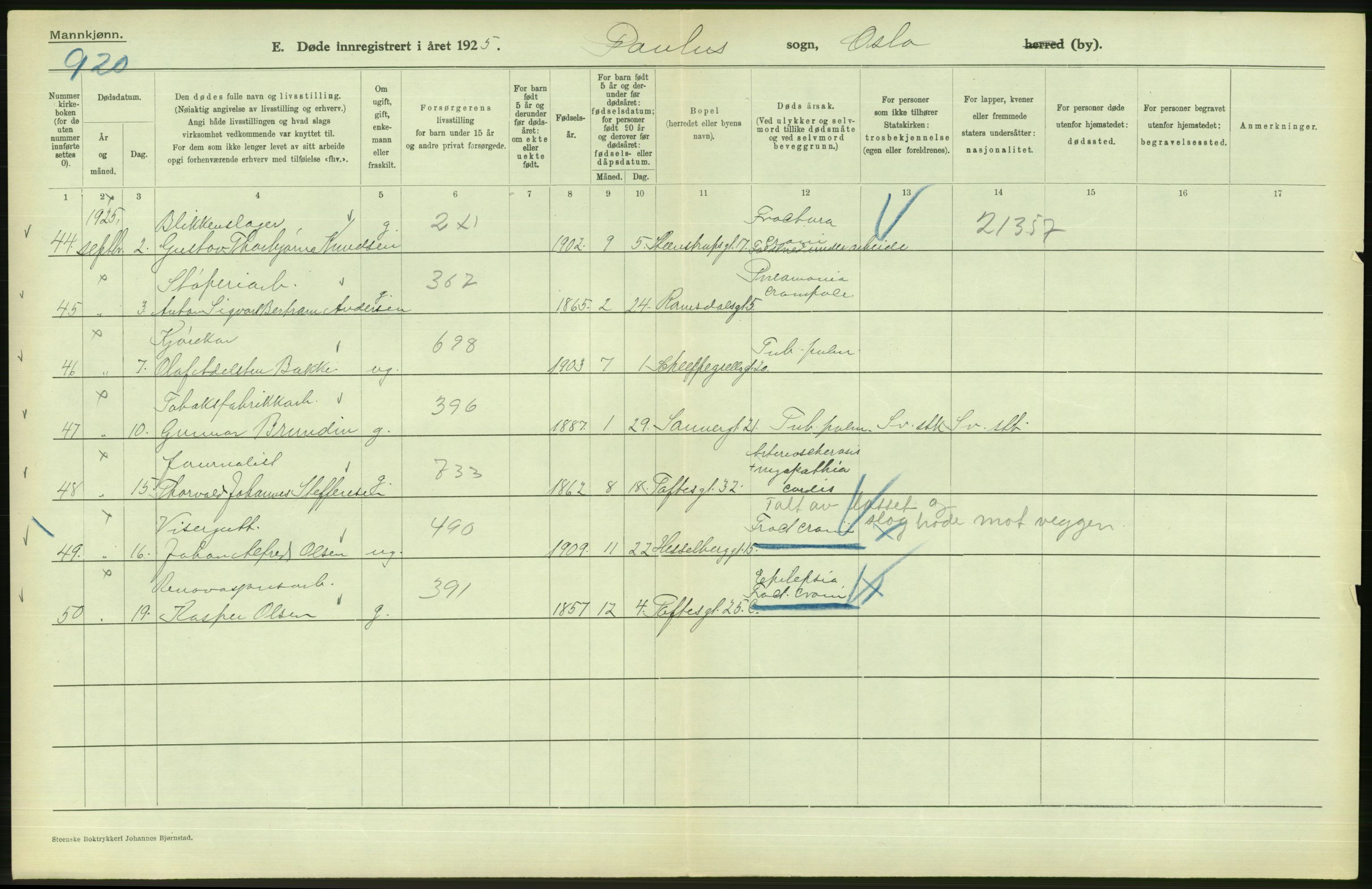 Statistisk sentralbyrå, Sosiodemografiske emner, Befolkning, AV/RA-S-2228/D/Df/Dfc/Dfce/L0009: Oslo: Døde menn, 1925, s. 70