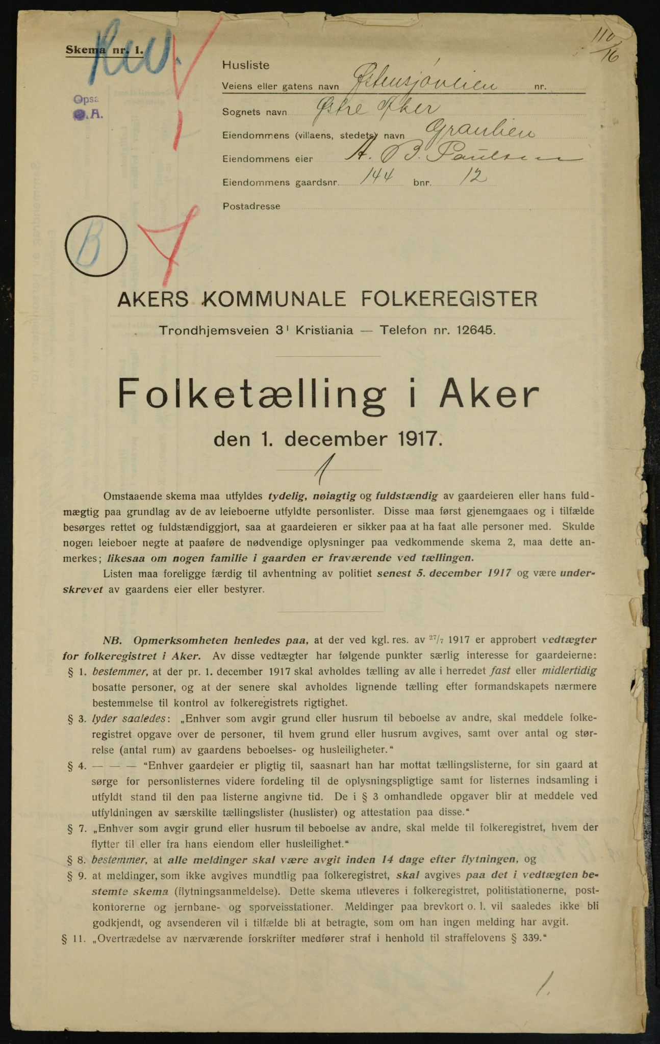 OBA, Kommunal folketelling 1.12.1917 for Aker, 1917, s. 25679