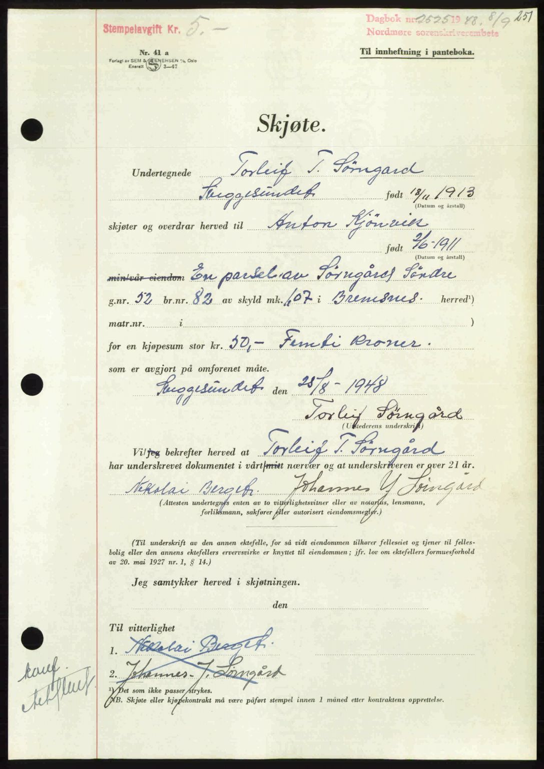 Nordmøre sorenskriveri, AV/SAT-A-4132/1/2/2Ca: Pantebok nr. A109, 1948-1948, Dagboknr: 2425/1948