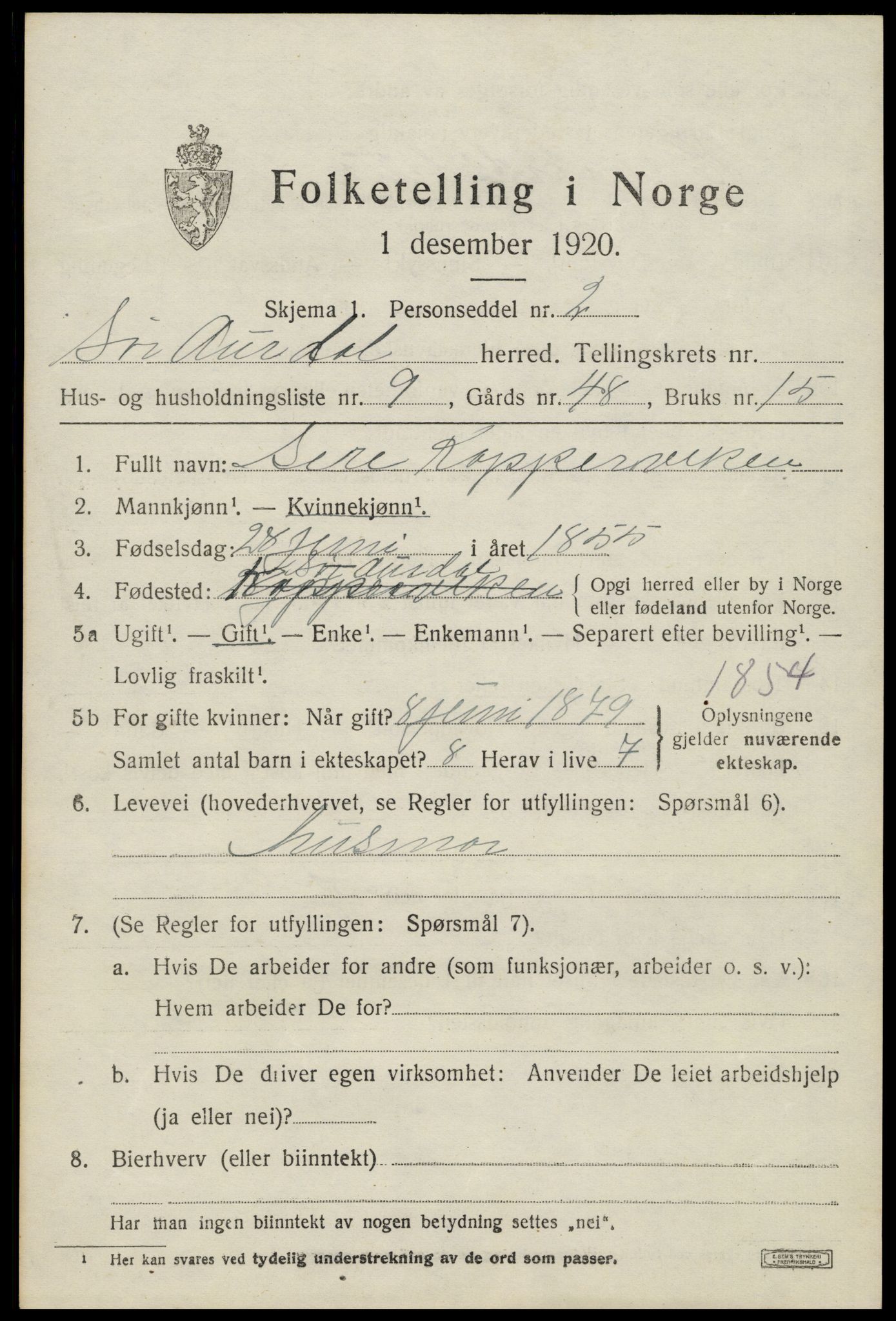 SAH, Folketelling 1920 for 0540 Sør-Aurdal herred, 1920, s. 4855