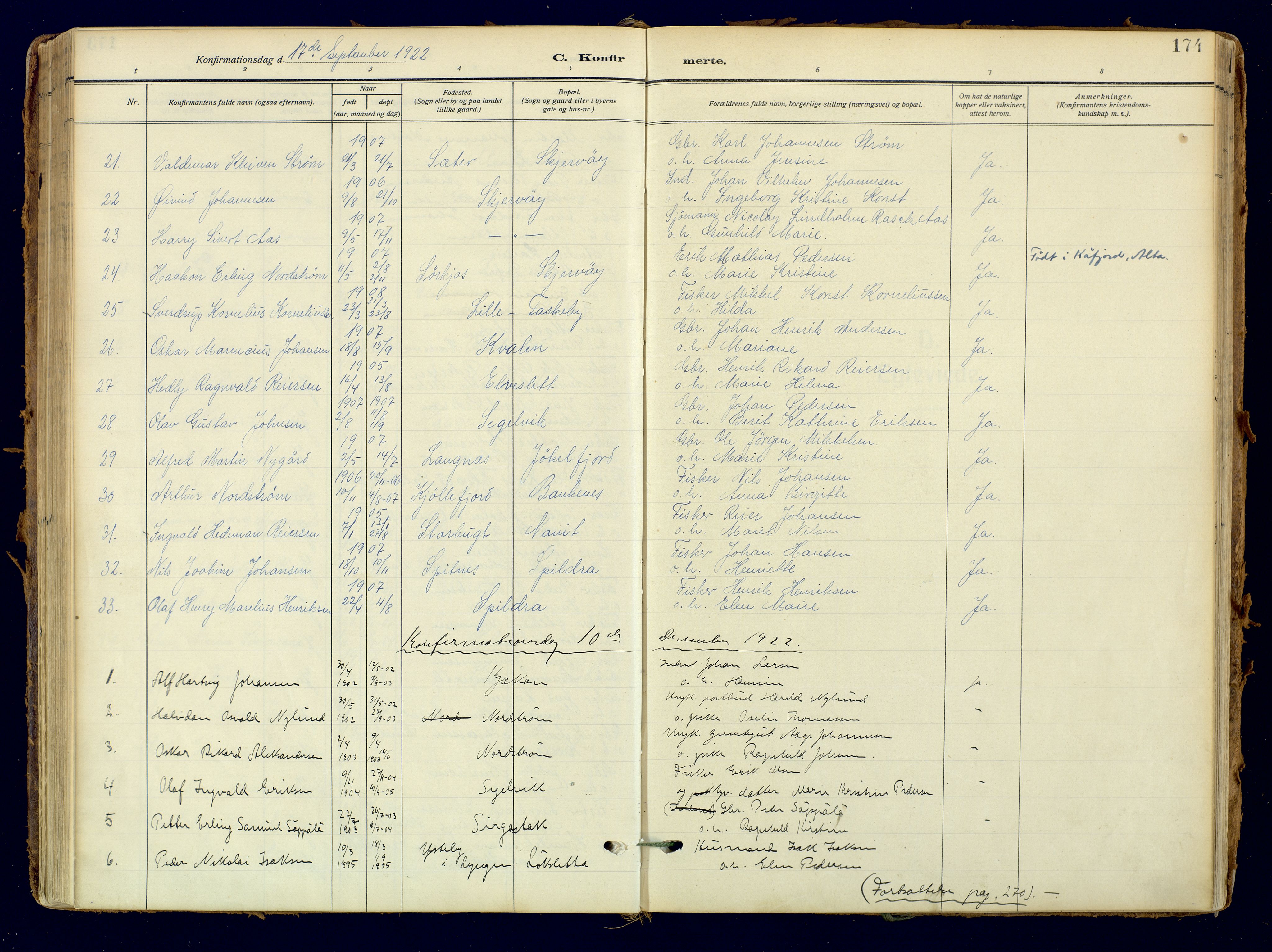 Skjervøy sokneprestkontor, AV/SATØ-S-1300/H/Ha/Haa: Ministerialbok nr. 18, 1910-1926, s. 174