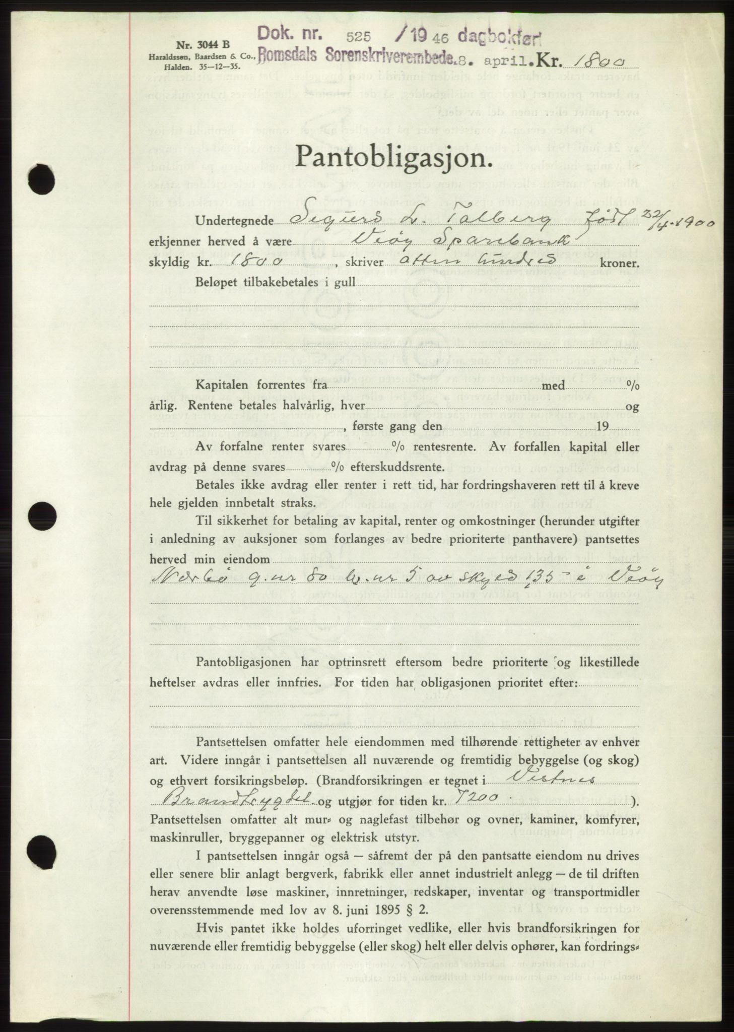 Romsdal sorenskriveri, SAT/A-4149/1/2/2C: Pantebok nr. B3, 1946-1948, Dagboknr: 525/1946