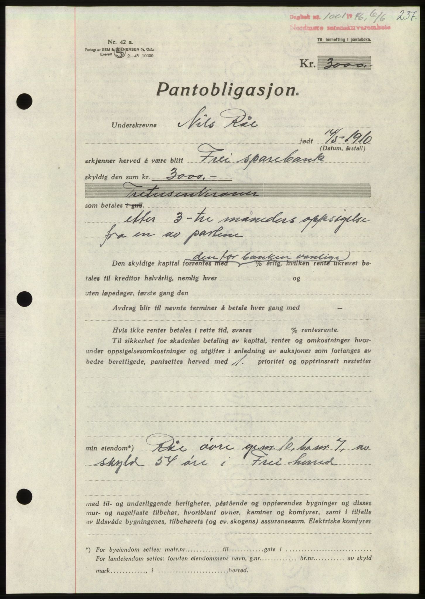 Nordmøre sorenskriveri, SAT/A-4132/1/2/2Ca: Pantebok nr. B94, 1946-1946, Dagboknr: 1001/1946