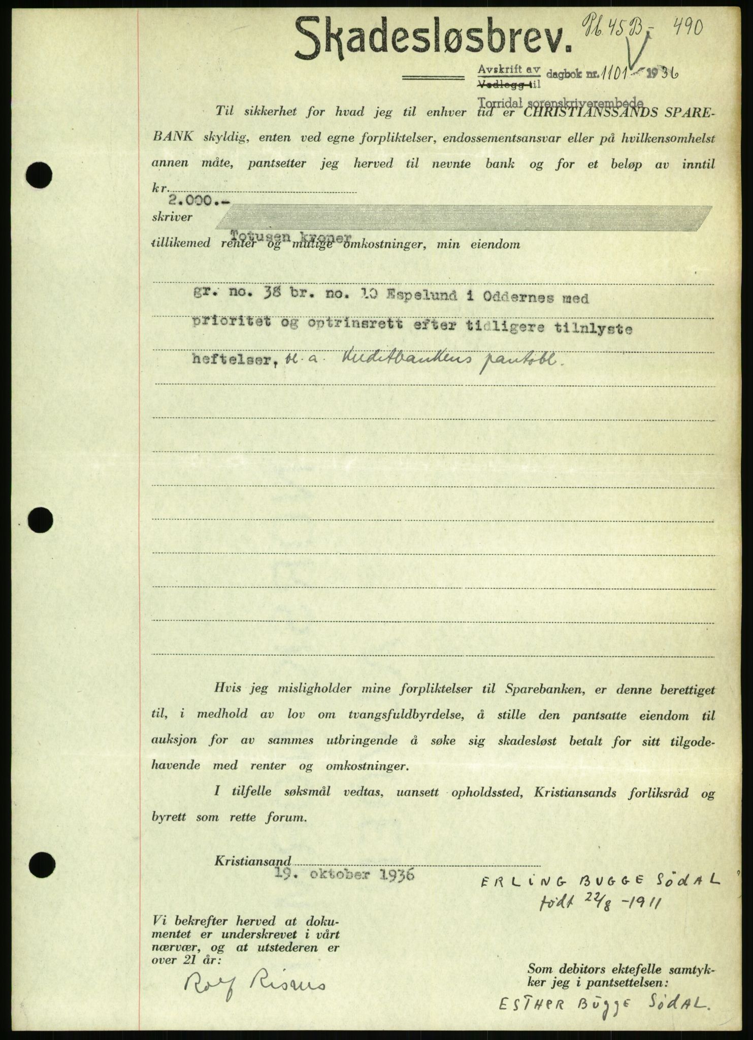 Torridal sorenskriveri, AV/SAK-1221-0012/G/Gb/Gbb/L0001: Pantebok nr. 45b, 1936-1936, s. 490, Dagboknr: 1101/1936