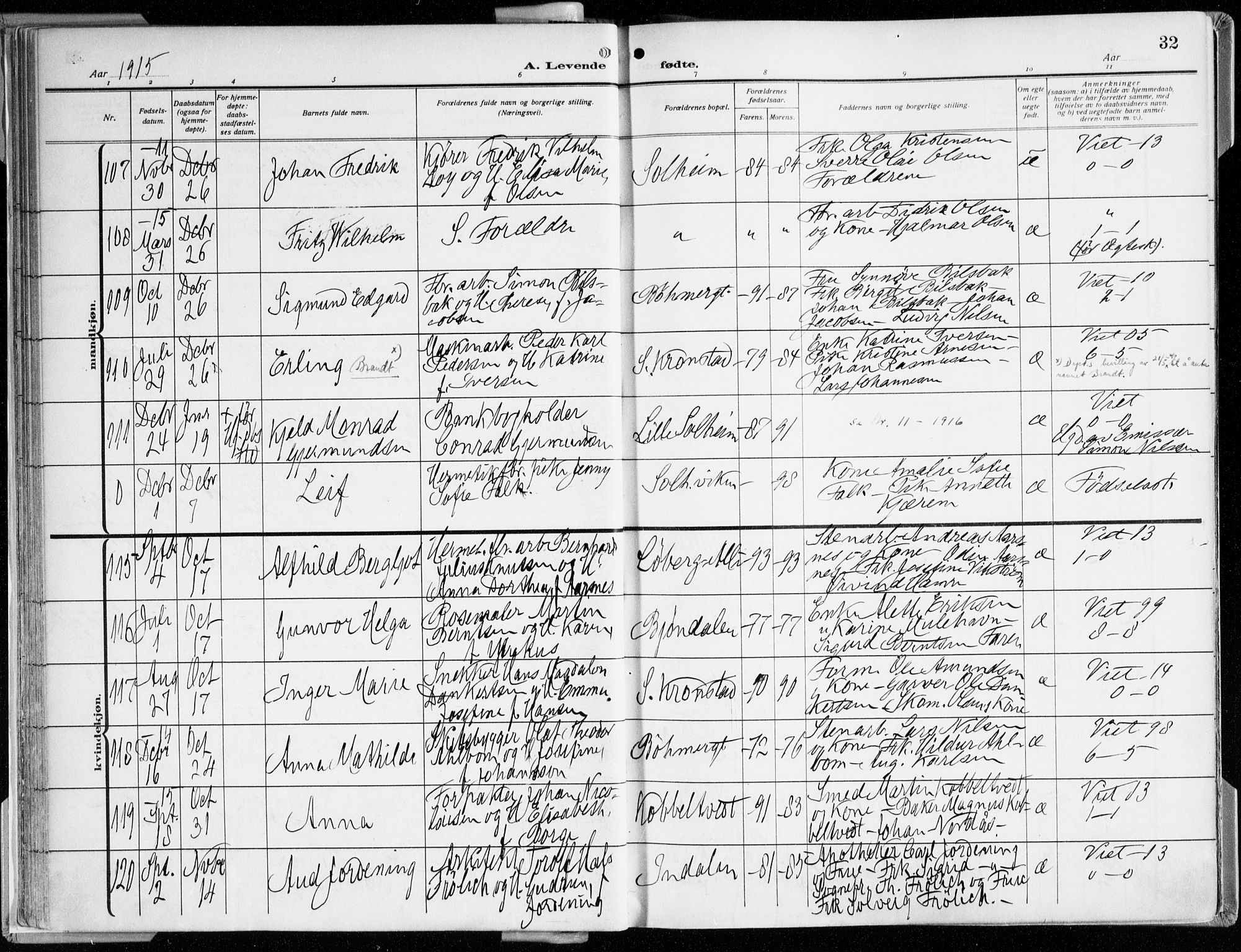 Årstad Sokneprestembete, AV/SAB-A-79301/H/Haa/L0003: Ministerialbok nr. A 3, 1914-1919, s. 32