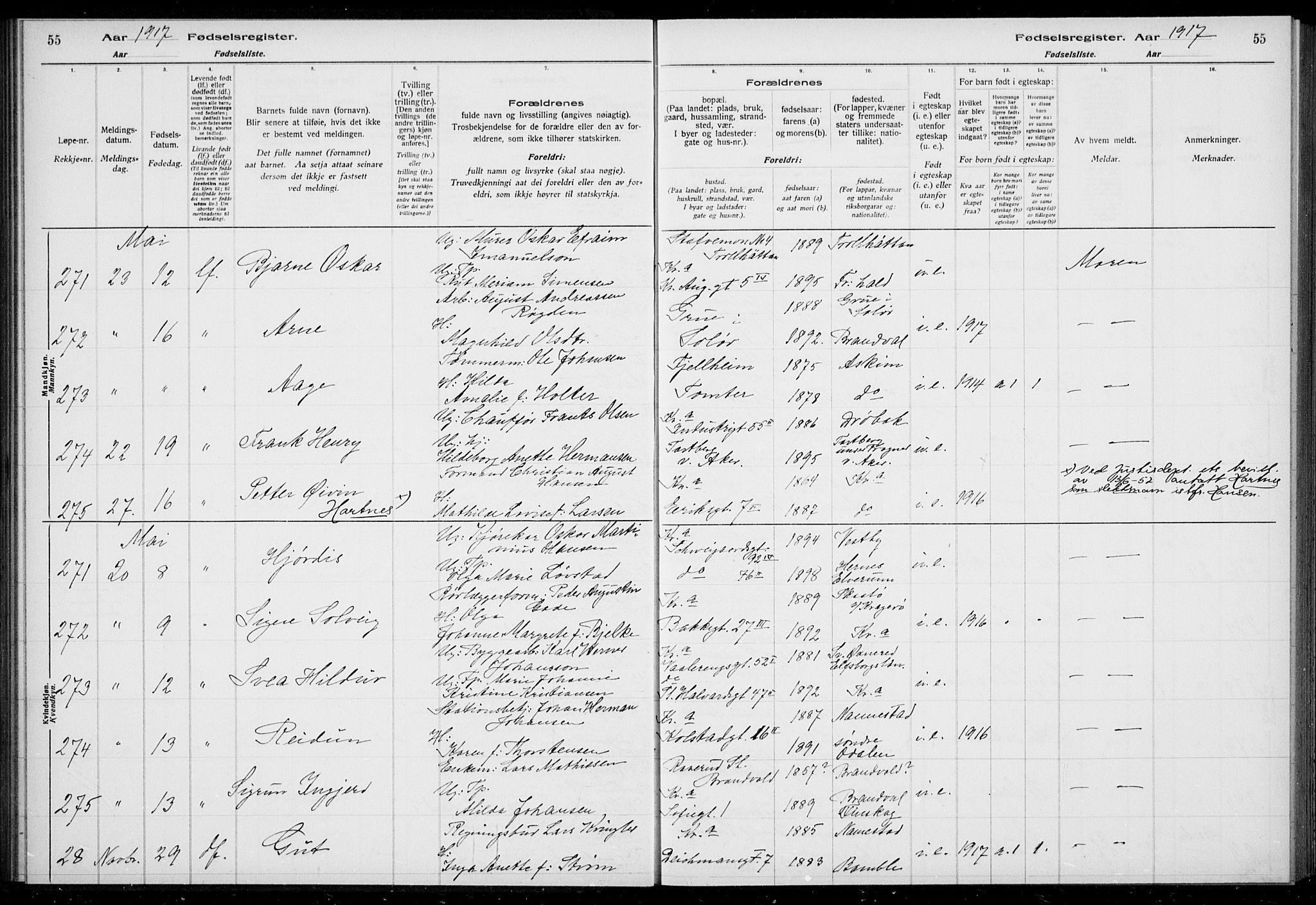 Rikshospitalet prestekontor Kirkebøker, AV/SAO-A-10309b/J/L0002: Fødselsregister nr. 2, 1917-1917, s. 55