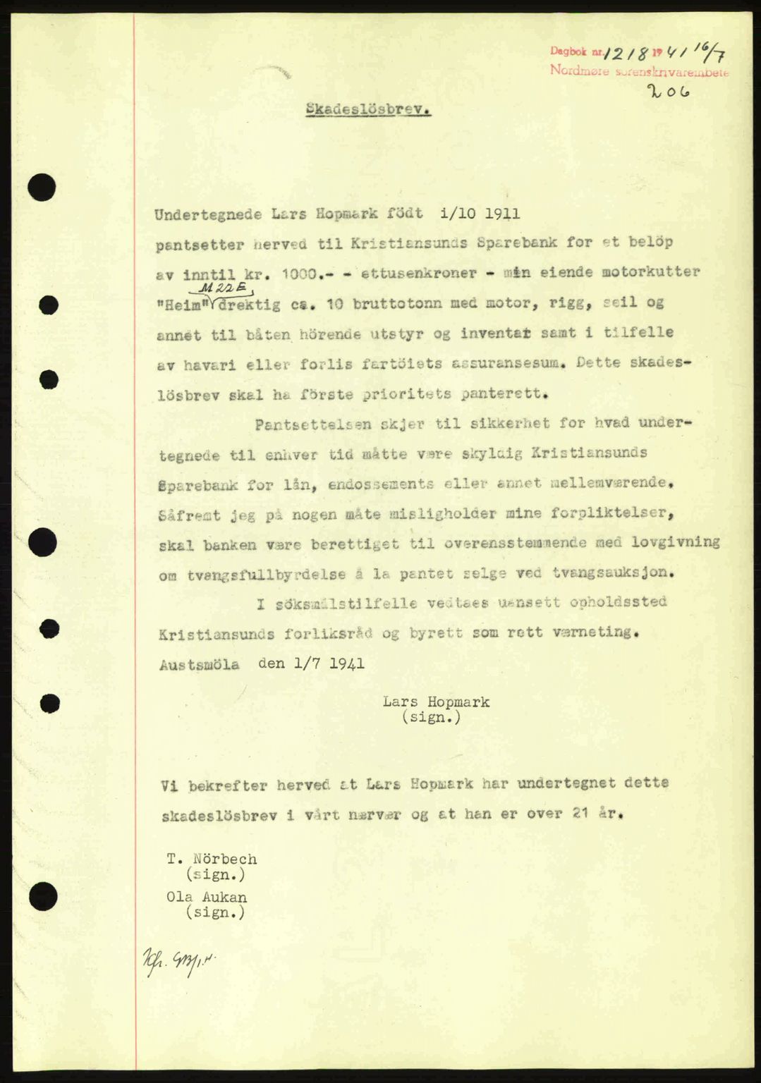 Nordmøre sorenskriveri, SAT/A-4132/1/2/2Ca: Pantebok nr. B88, 1941-1942, Dagboknr: 1218/1941