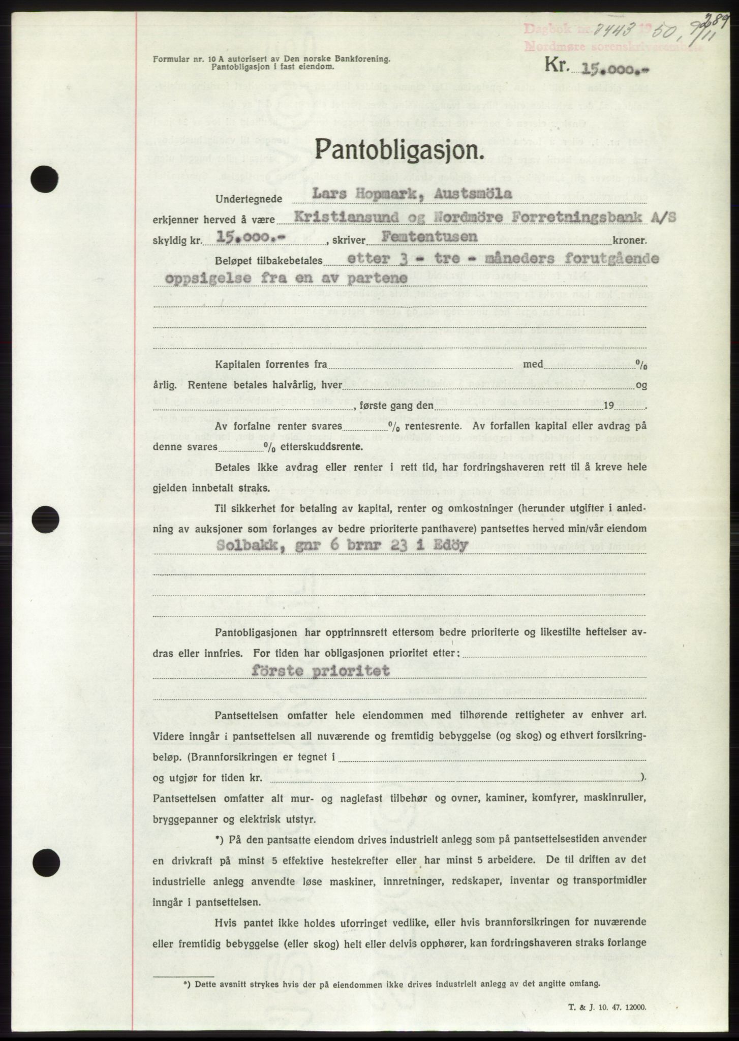 Nordmøre sorenskriveri, AV/SAT-A-4132/1/2/2Ca: Pantebok nr. B106, 1950-1950, Dagboknr: 3443/1950