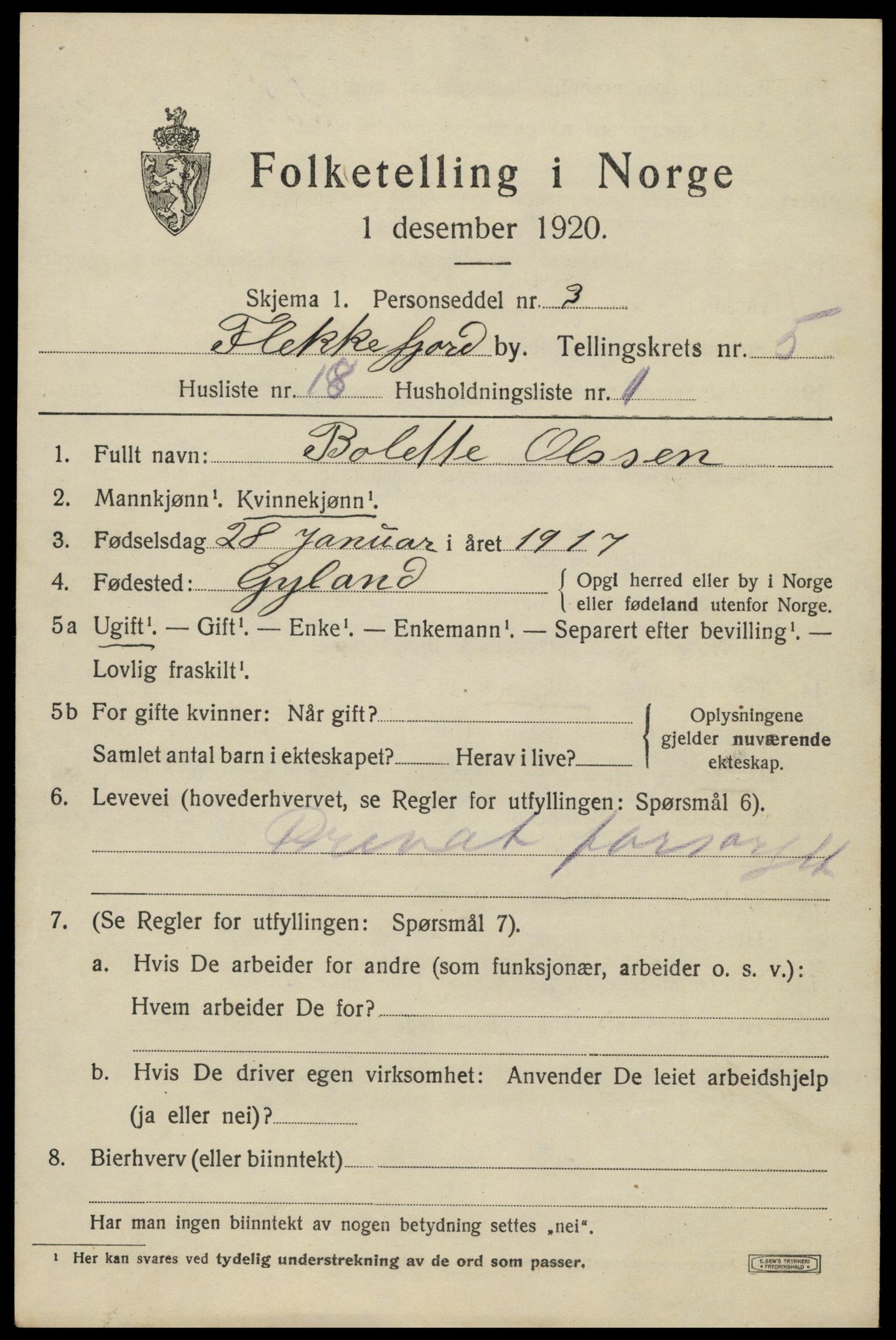 SAK, Folketelling 1920 for 1004 Flekkefjord kjøpstad, 1920, s. 5430