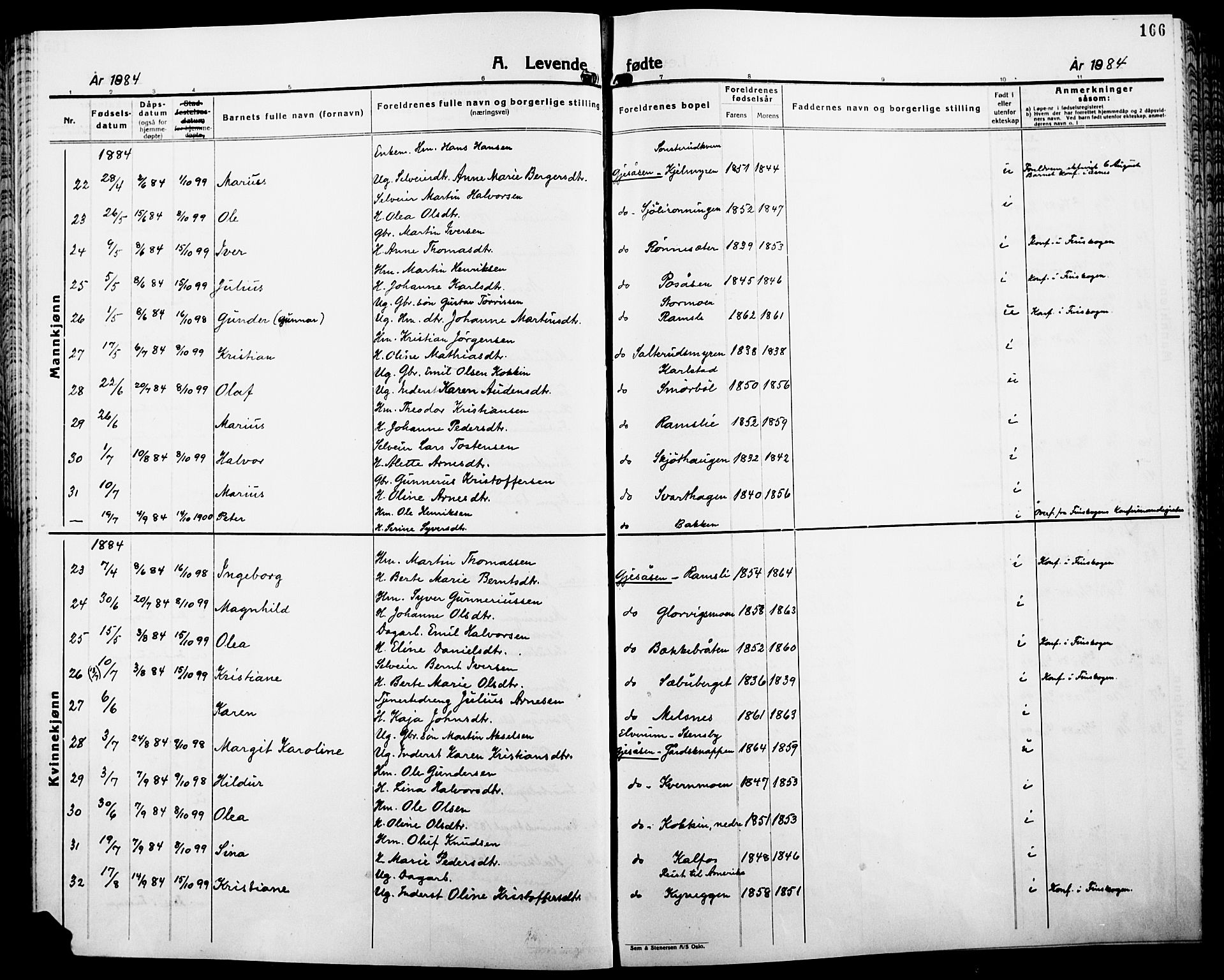 Åsnes prestekontor, AV/SAH-PREST-042/H/Ha/Haa/L0000B: Ministerialbok, 1870-1889, s. 166