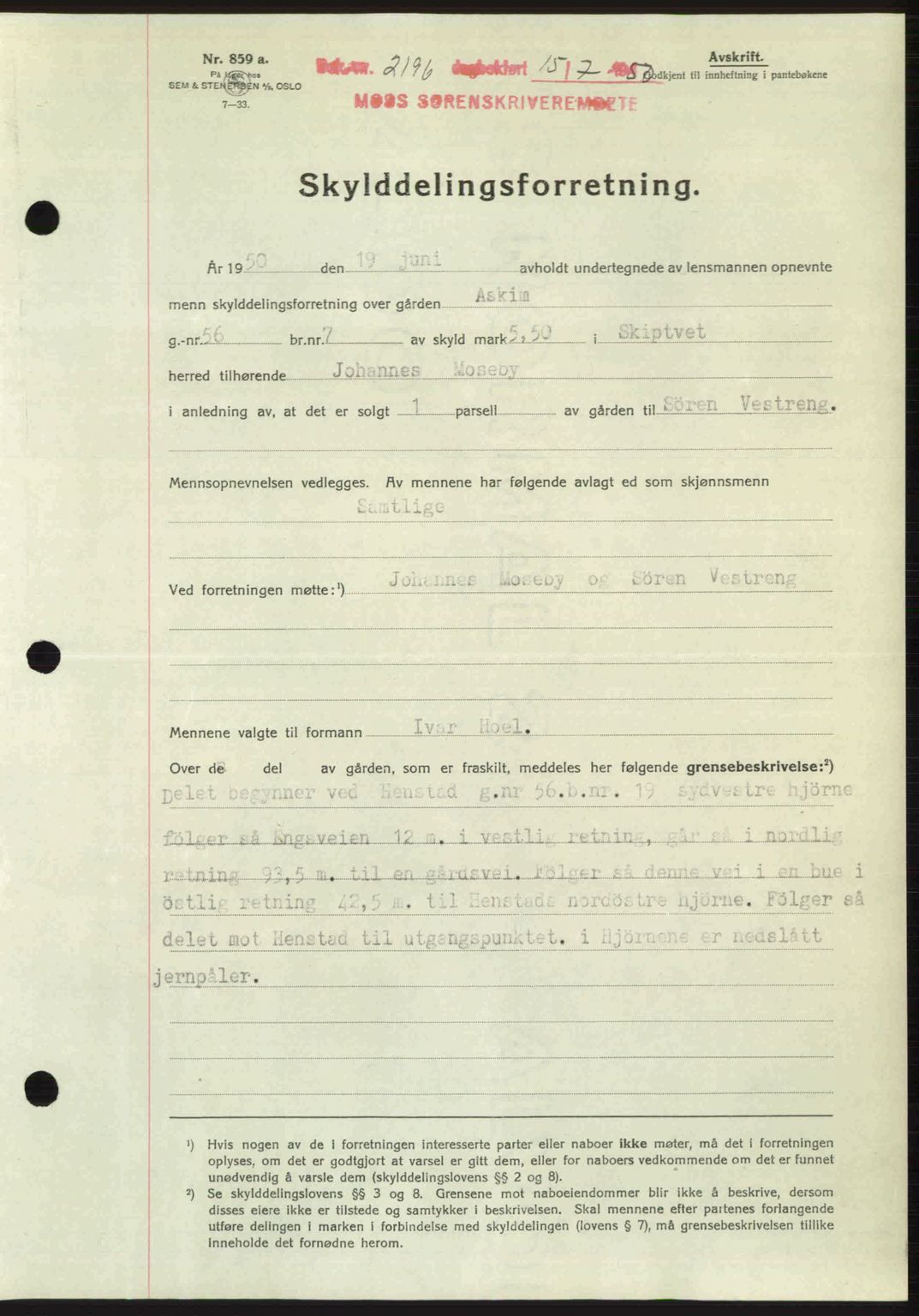 Moss sorenskriveri, SAO/A-10168: Pantebok nr. A2, 1947-1950, Dagboknr: 2196/1950