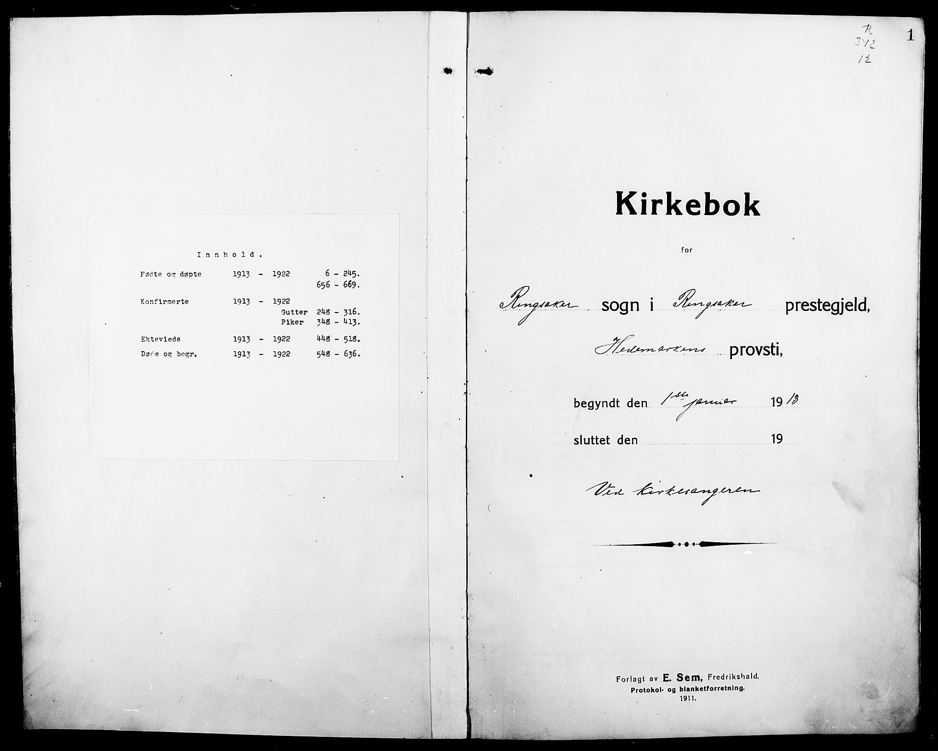 Ringsaker prestekontor, SAH/PREST-014/L/La/L0018: Klokkerbok nr. 18, 1913-1922, s. 0-1