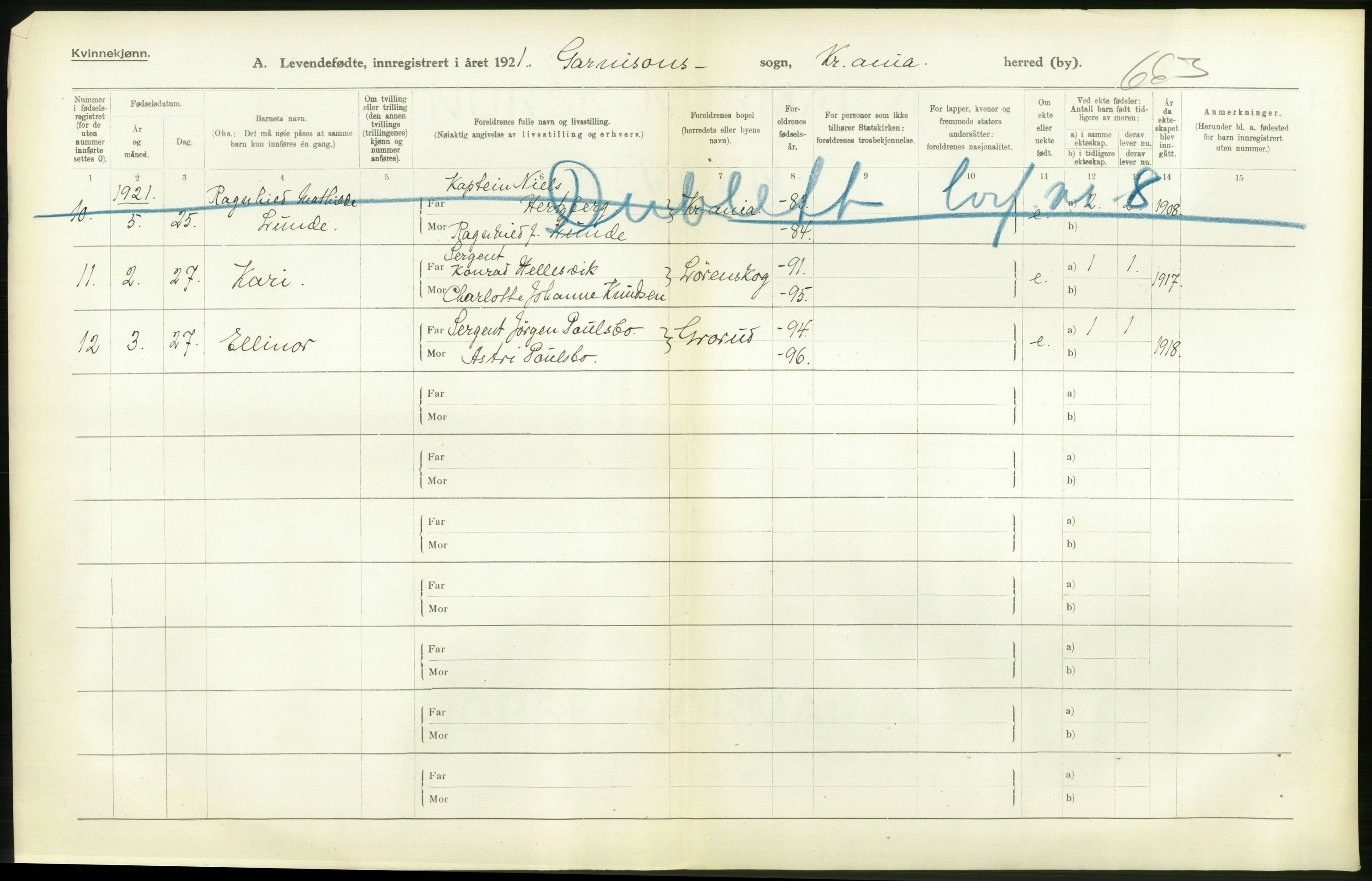 Statistisk sentralbyrå, Sosiodemografiske emner, Befolkning, AV/RA-S-2228/D/Df/Dfc/Dfca/L0009: Kristiania: Levendefødte menn og kvinner., 1921, s. 376