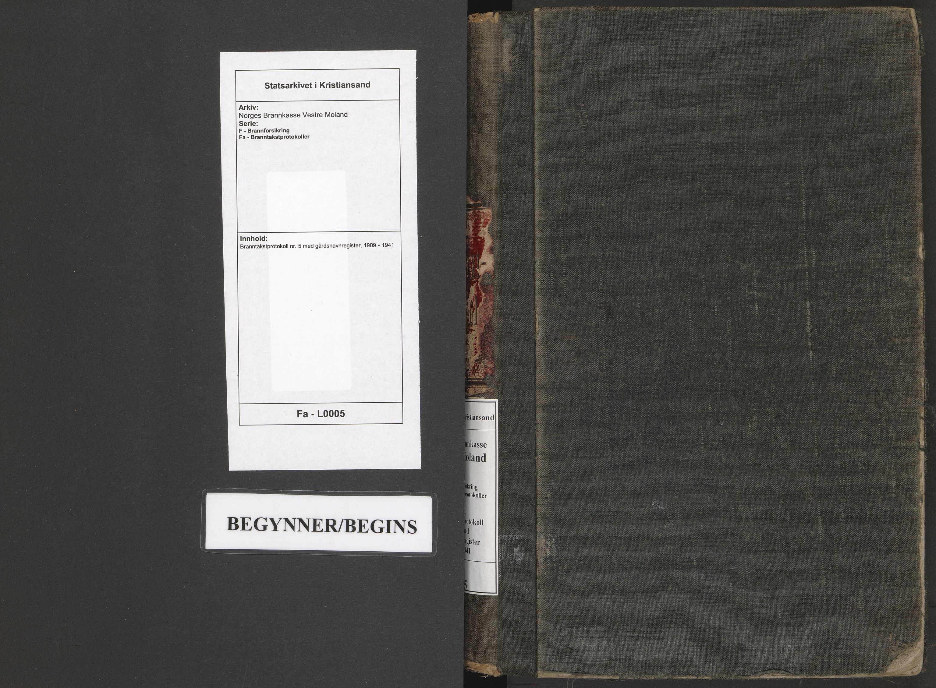 Norges Brannkasse Vestre Moland, SAK/2241-0056/F/Fa/L0005: Branntakstprotokoll nr. 5 med gårdsnavnregister, 1909-1941