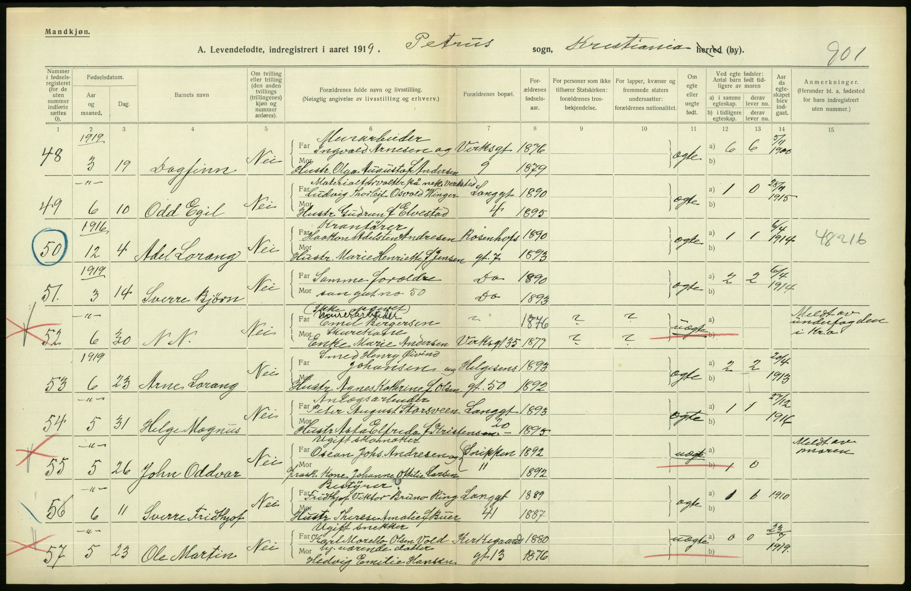 Statistisk sentralbyrå, Sosiodemografiske emner, Befolkning, AV/RA-S-2228/D/Df/Dfb/Dfbi/L0008: Kristiania: Levendefødte menn og kvinner., 1919