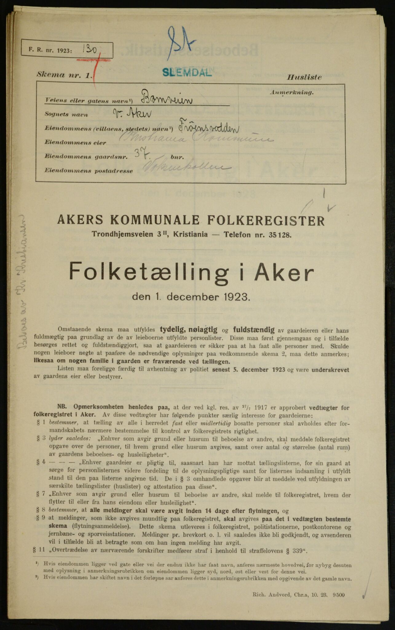 , Kommunal folketelling 1.12.1923 for Aker, 1923, s. 8277