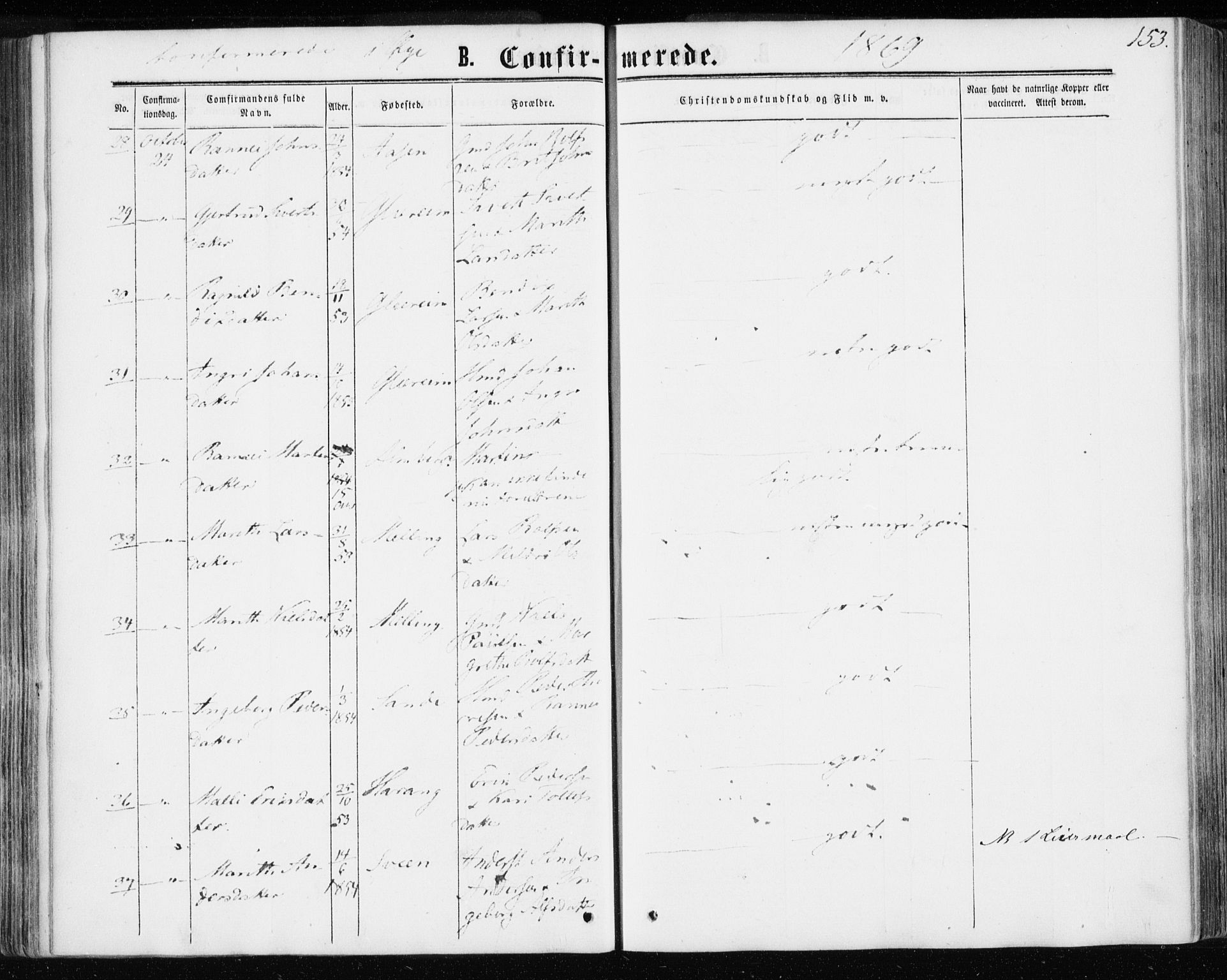 Ministerialprotokoller, klokkerbøker og fødselsregistre - Møre og Romsdal, SAT/A-1454/595/L1045: Ministerialbok nr. 595A07, 1863-1873, s. 153