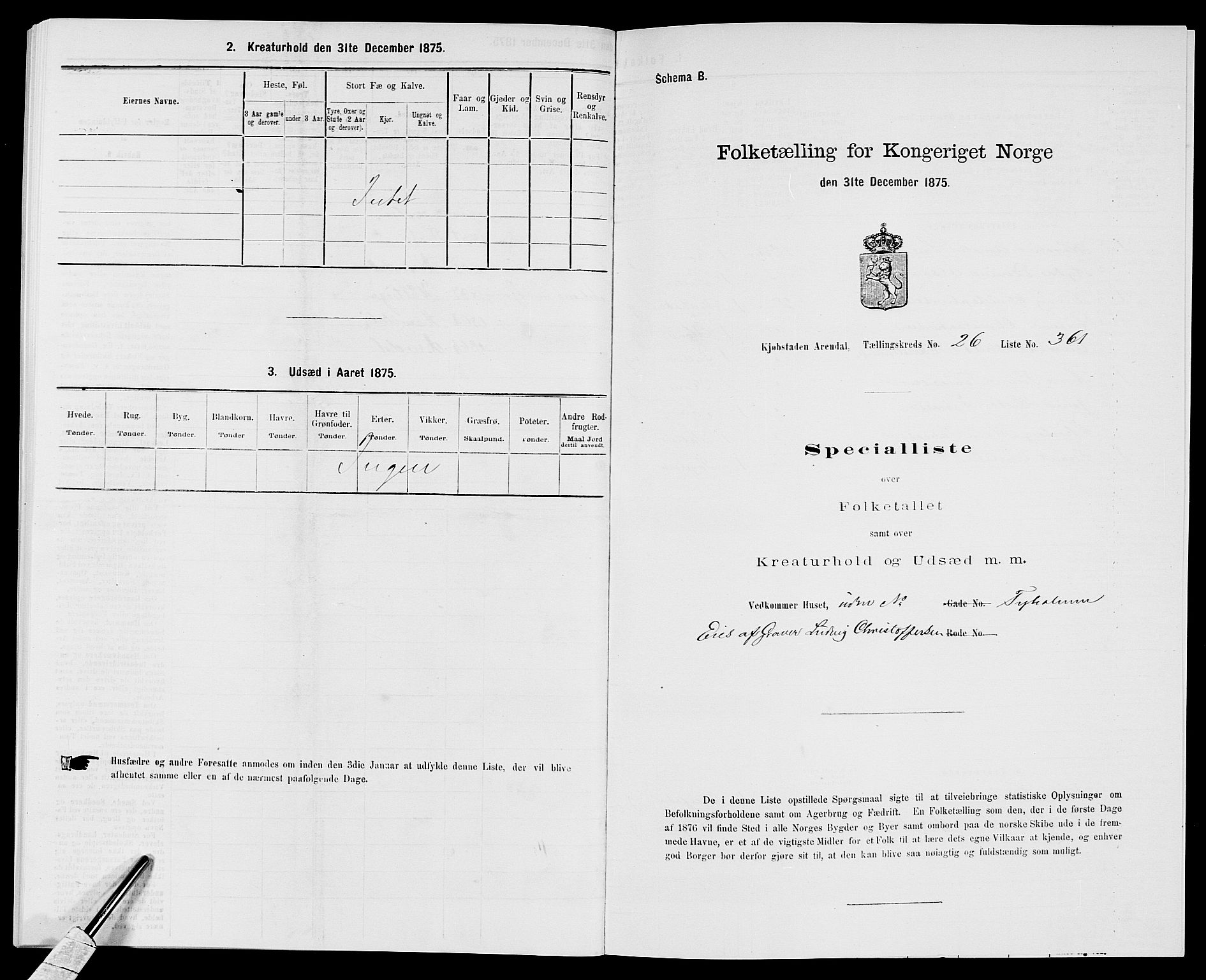 SAK, Folketelling 1875 for 0903P Arendal prestegjeld, 1875, s. 829